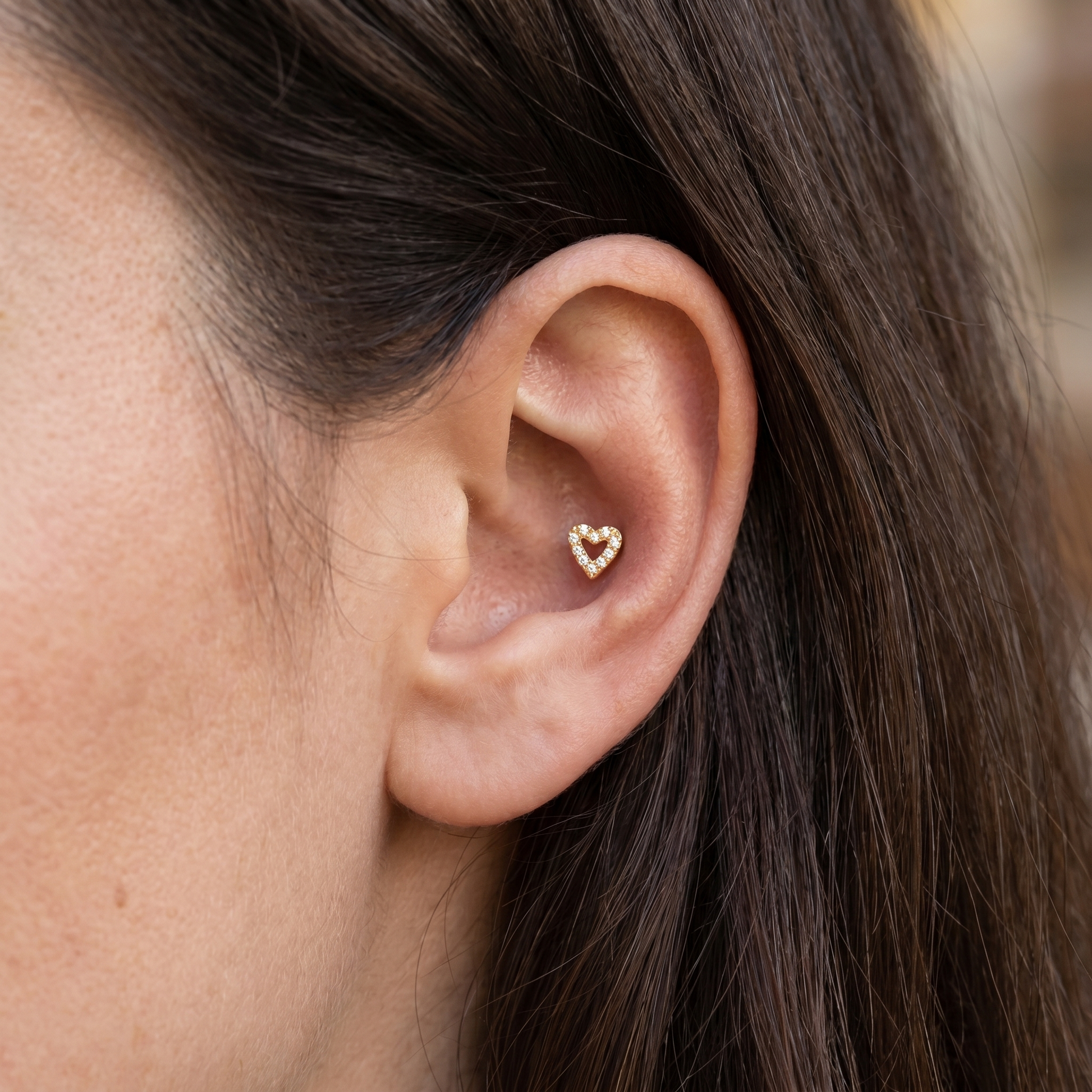 Gold paved heart zircon stud — conch jewelry placement
