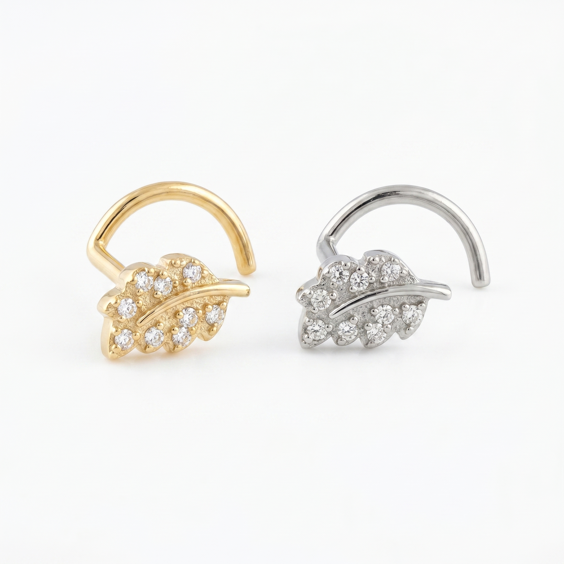 leaf nose stud close-up, nickel-free 20G nose jewelry