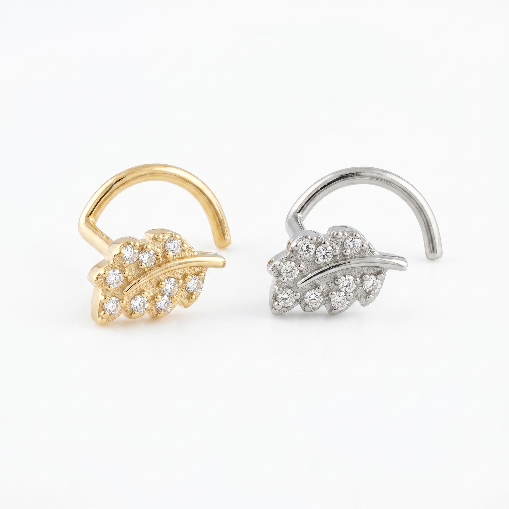 leaf nose stud close-up, nickel-free 20G nose jewelry