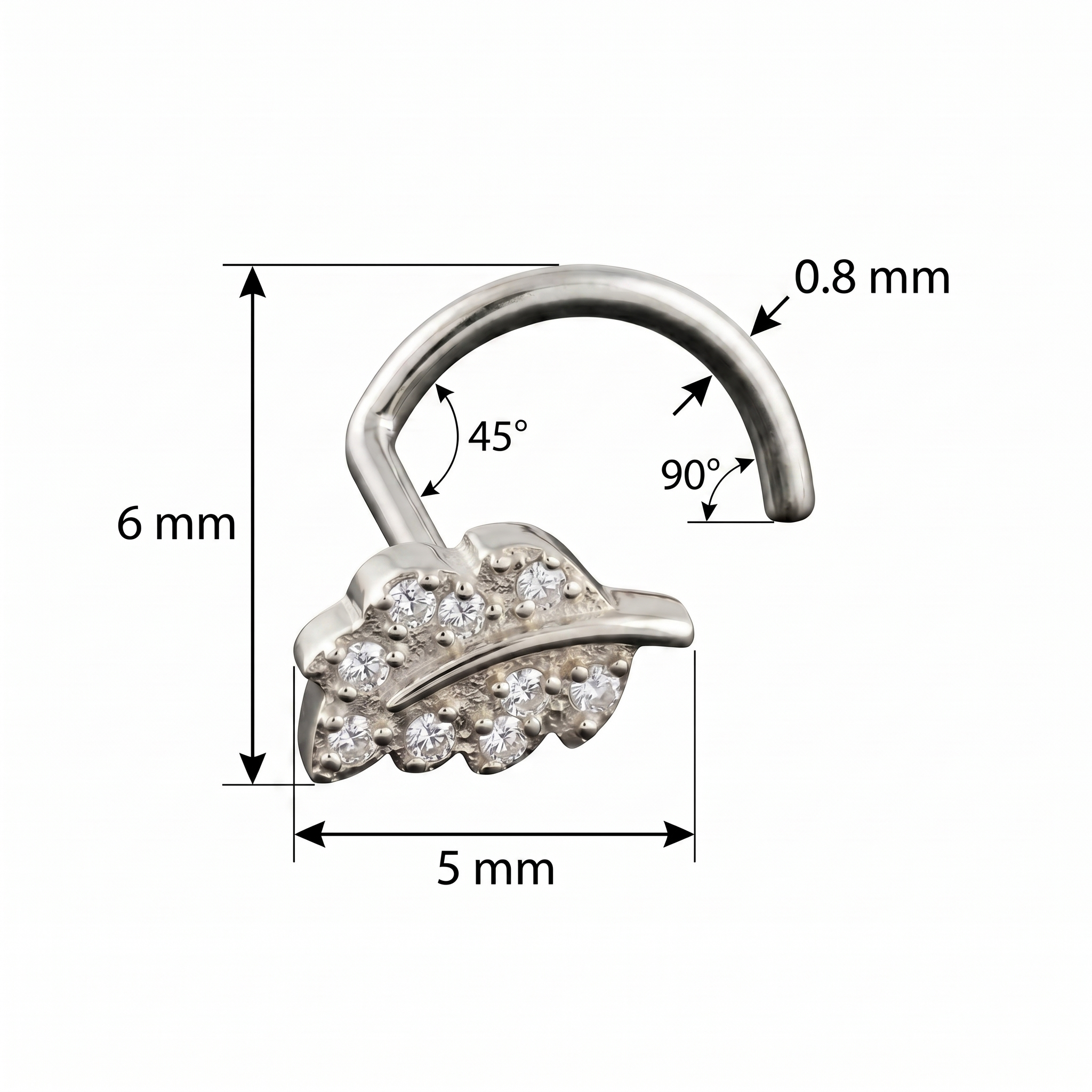 leaf nose stud styled on a model, 20G titanium