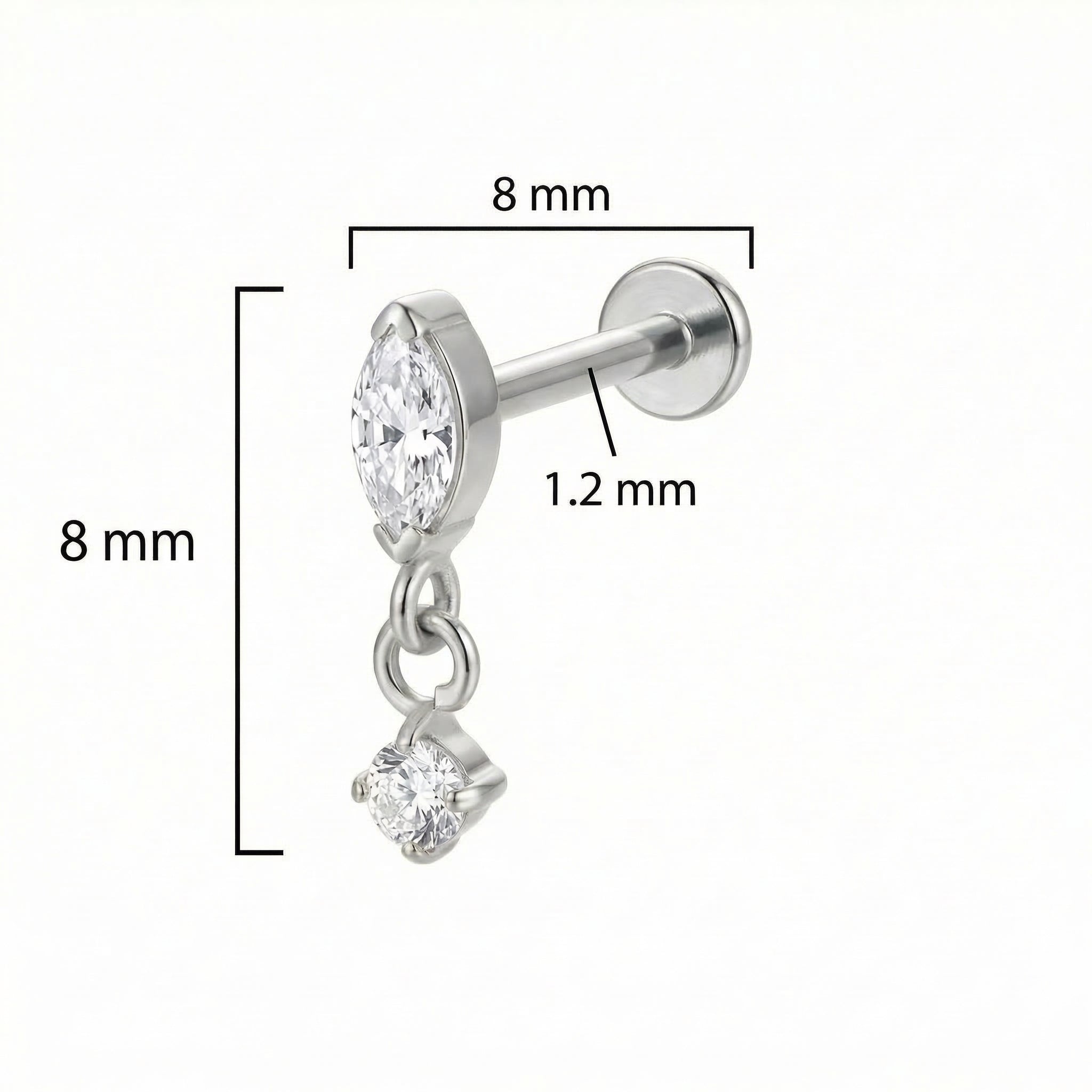 Size chart diagram for silver marquise drop showing 16G thickness and 8mm