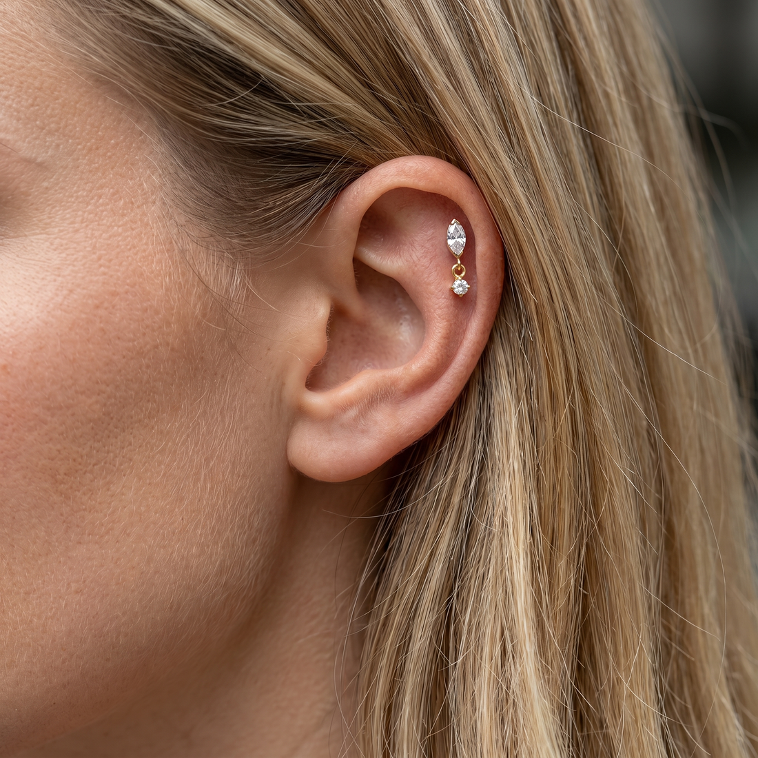 Gold marquise cz dangle stud — flat helix piercing placement