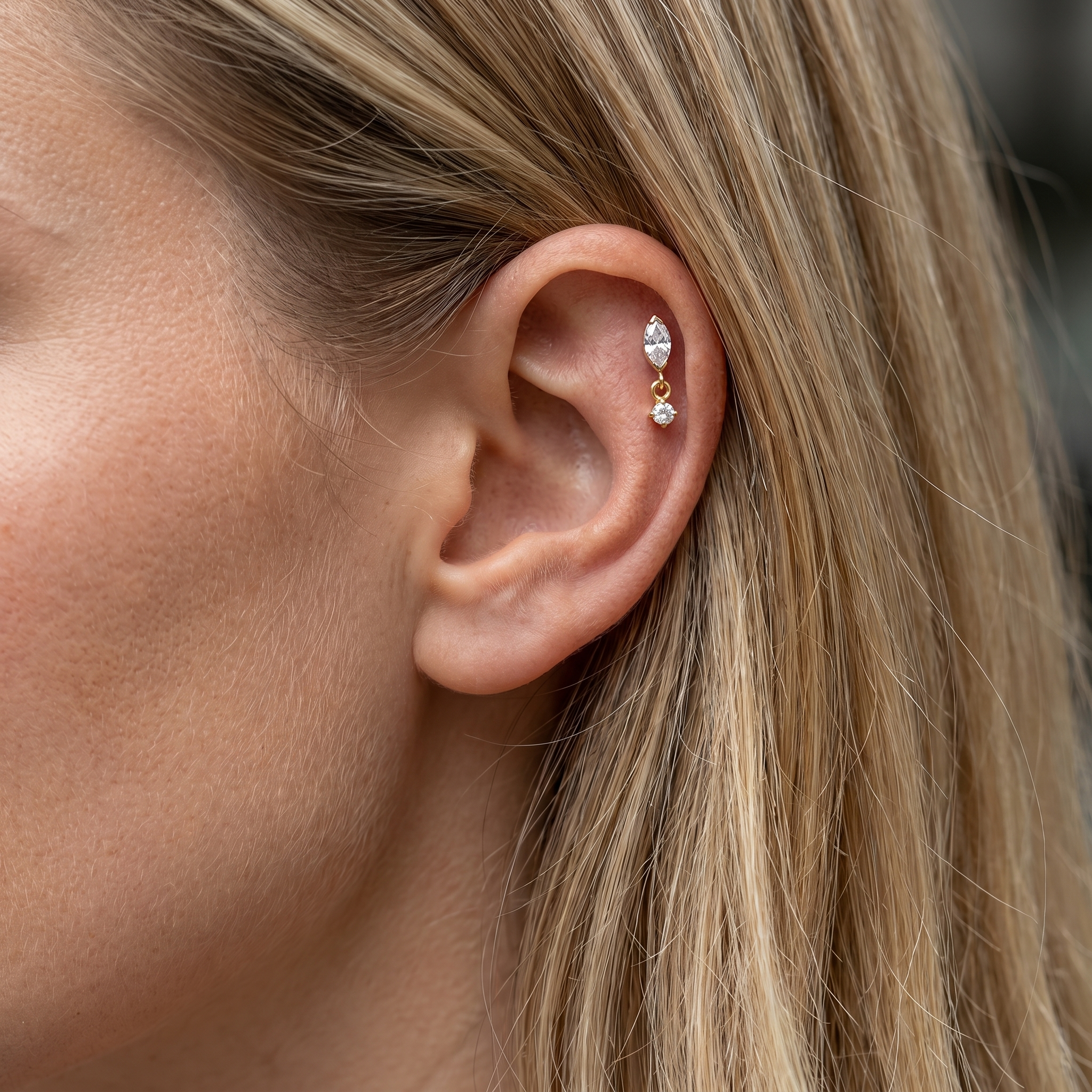 Gold marquise cz dangle stud — flat helix piercing placement