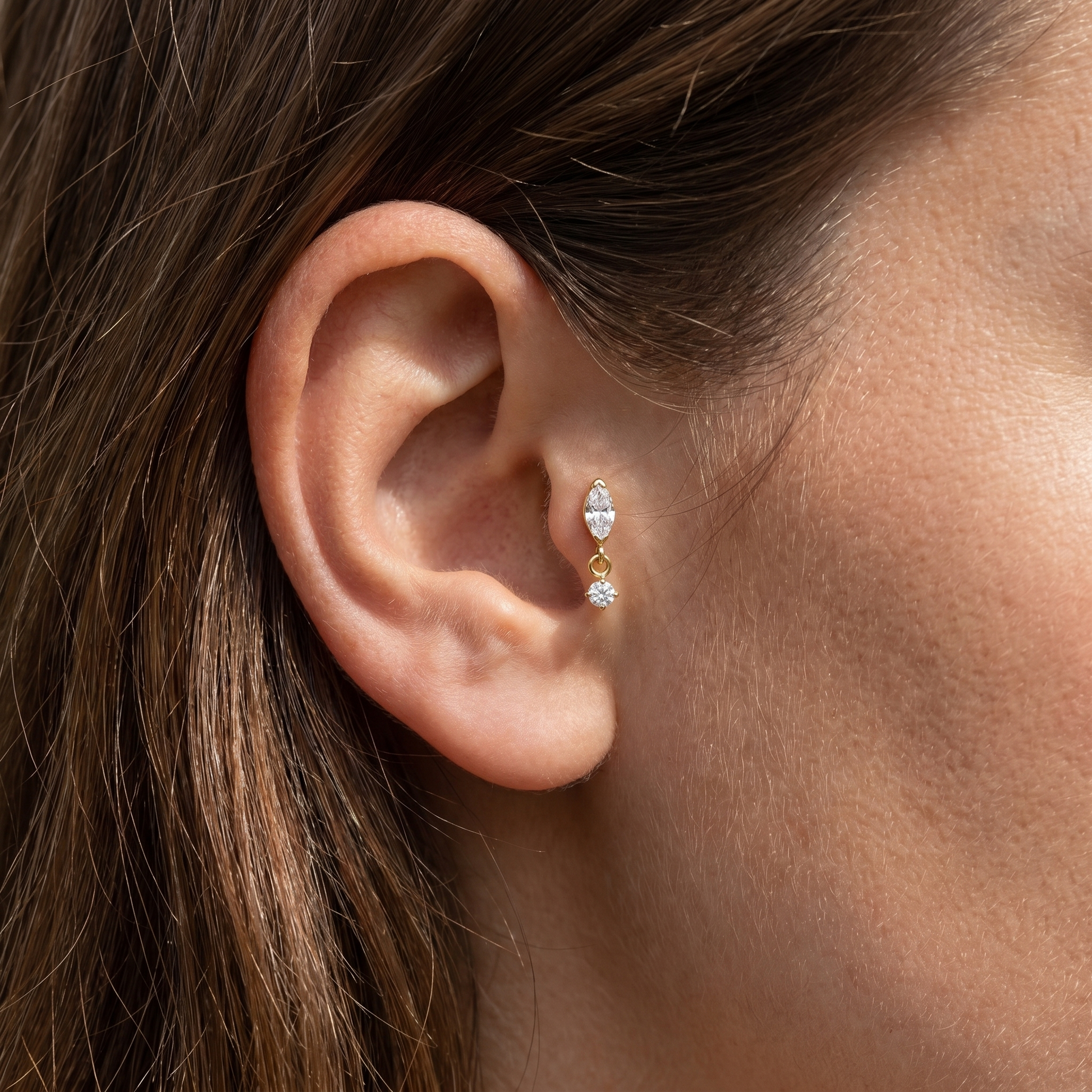 Silver marquise cz dangle stud — tragus jewelry placement