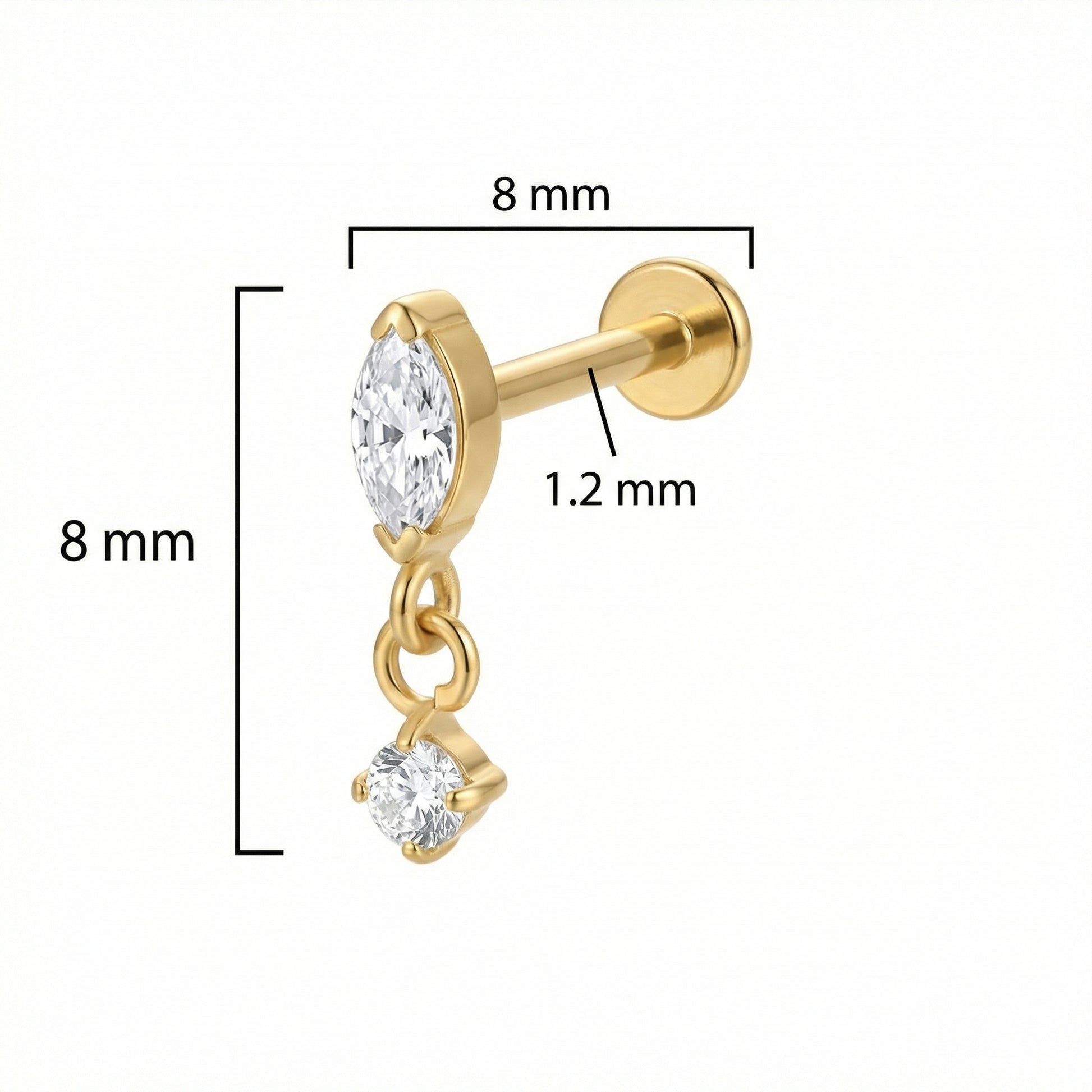 Dimension chart for gold marquise dangle jewelry showing 1.2mm thickness and 8mm