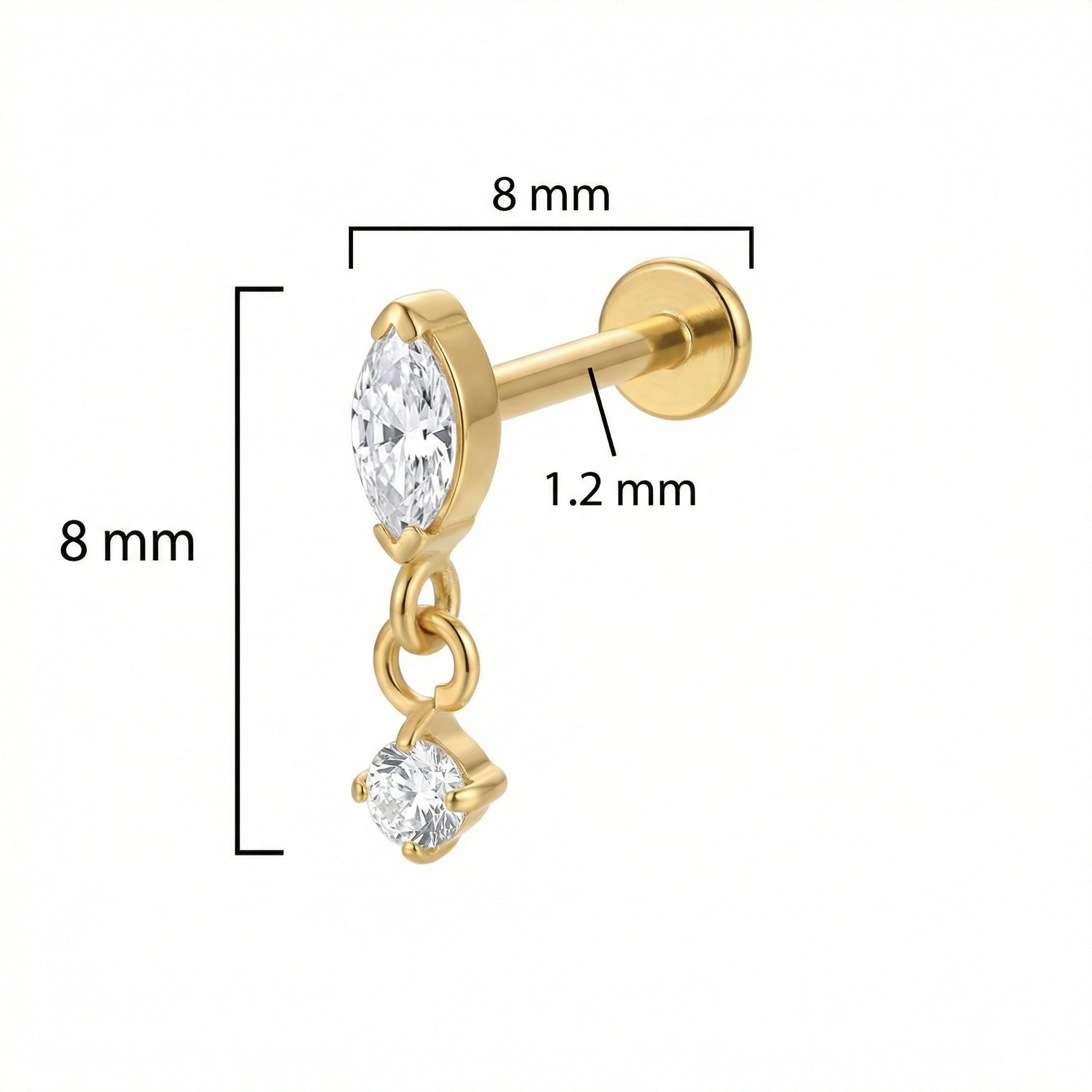 Dimension chart for gold marquise dangle jewelry showing 1.2mm thickness and 8mm