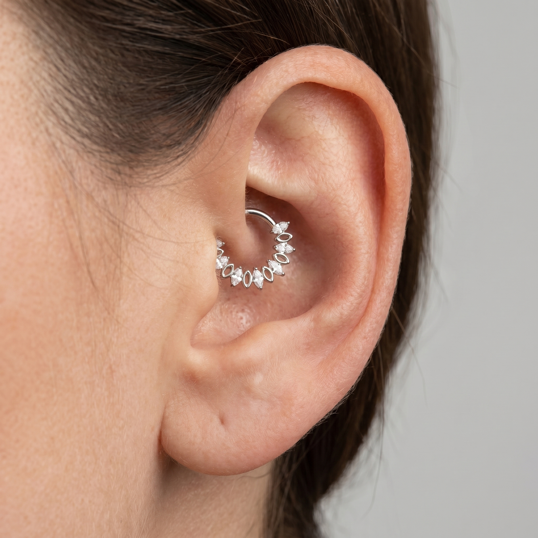 Silver marquise zircon cluster stud — daith piercing placement