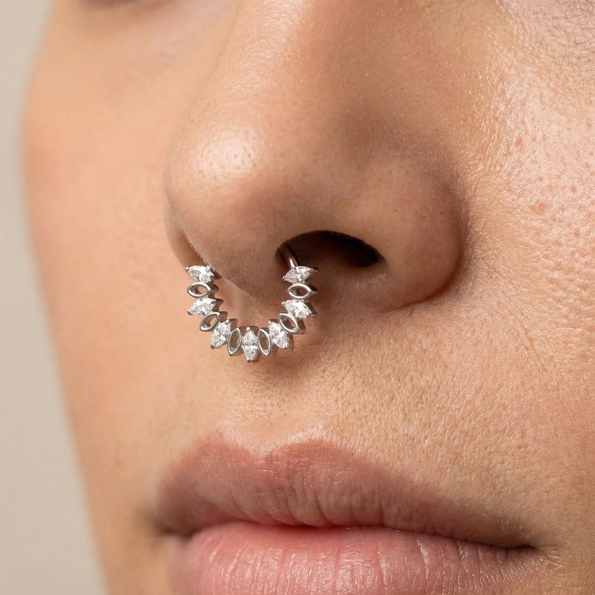 Gold marquise zircon cluster stud — small septum placement