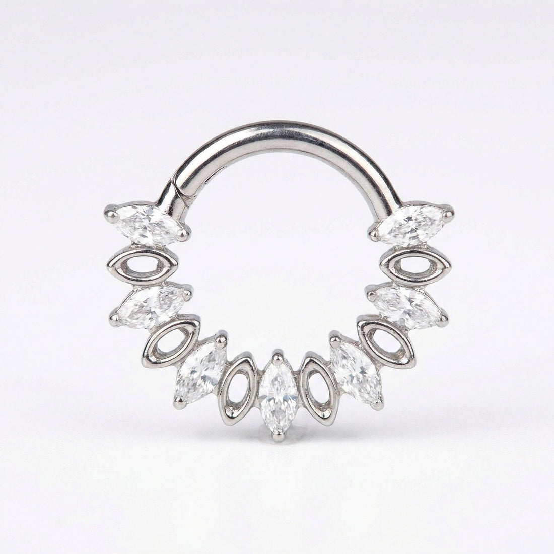 Gold marquise zircon cluster stud — small septum placement
