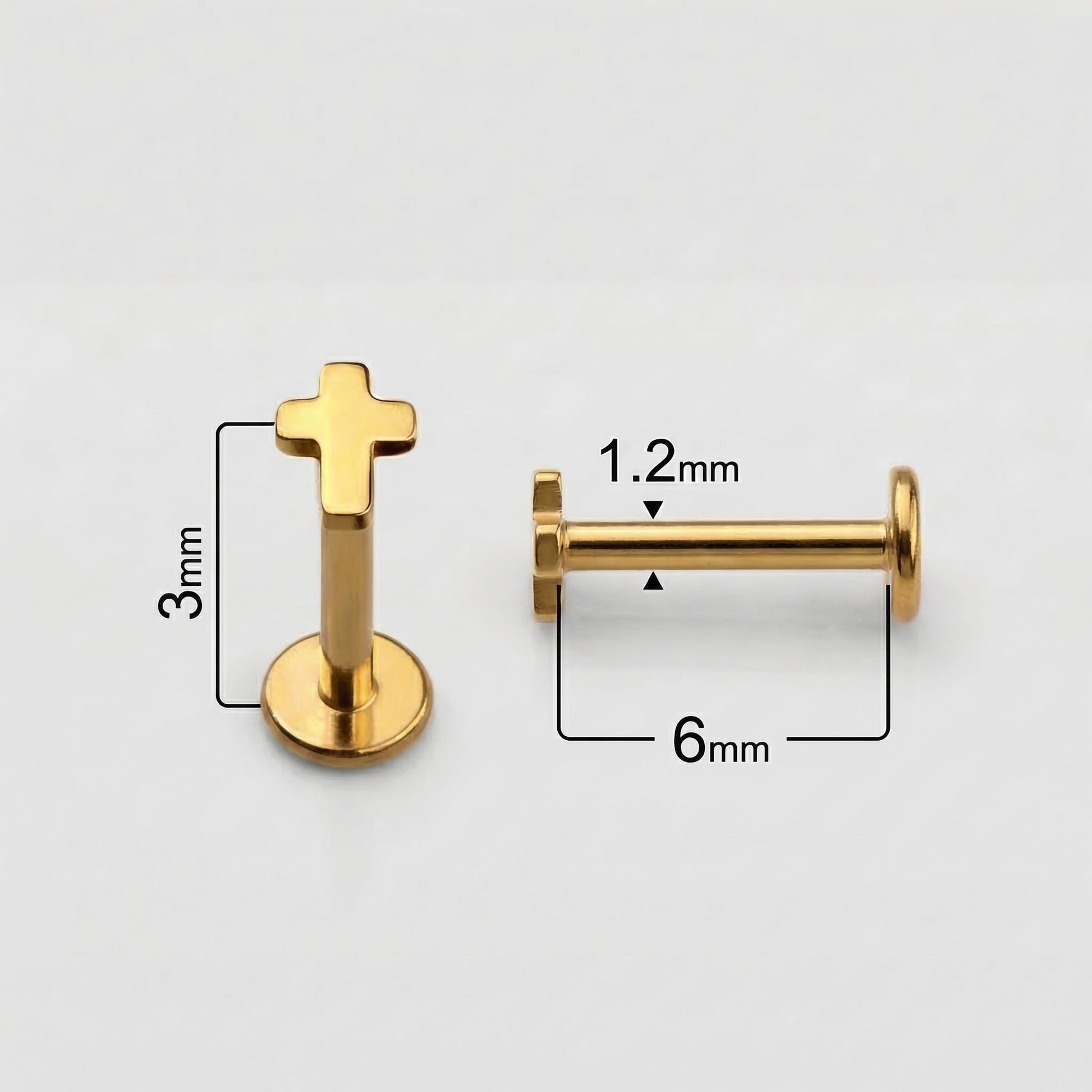Dimension chart for gold cross jewelry showing 3mm top width and 6mm