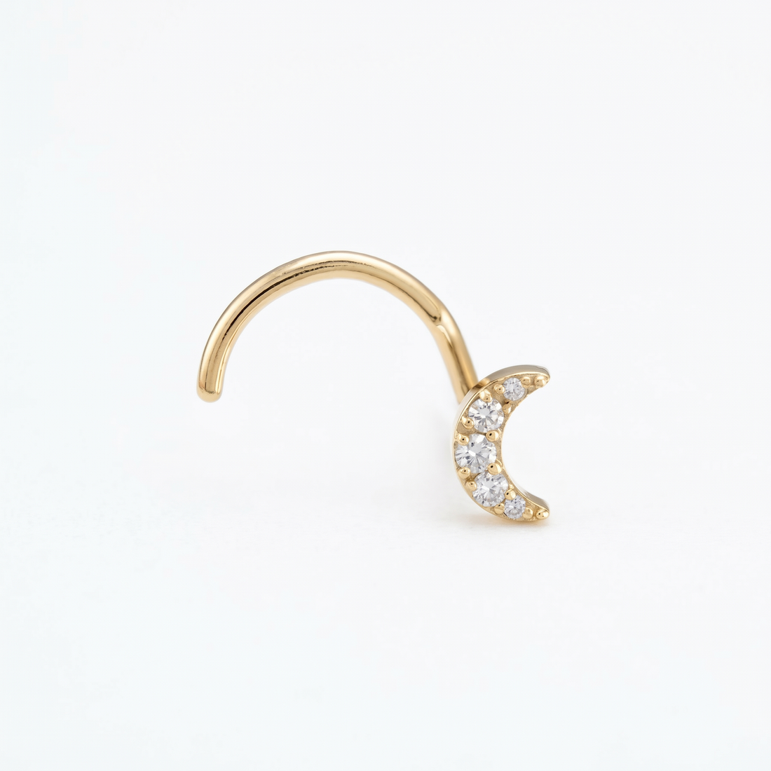 moon nose stud close-up on a model — single nostril nose jewelry
