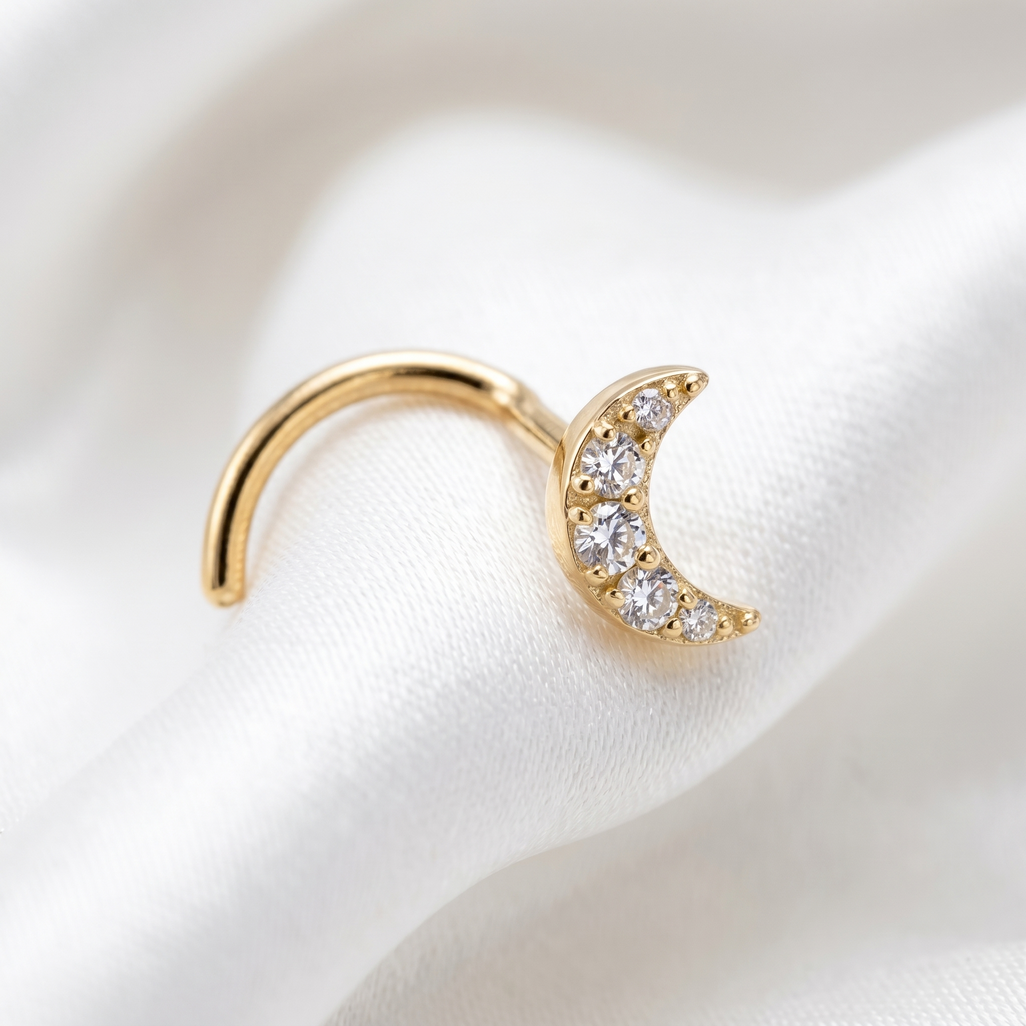moon nose stud on satin fabric — G23 titanium 20G