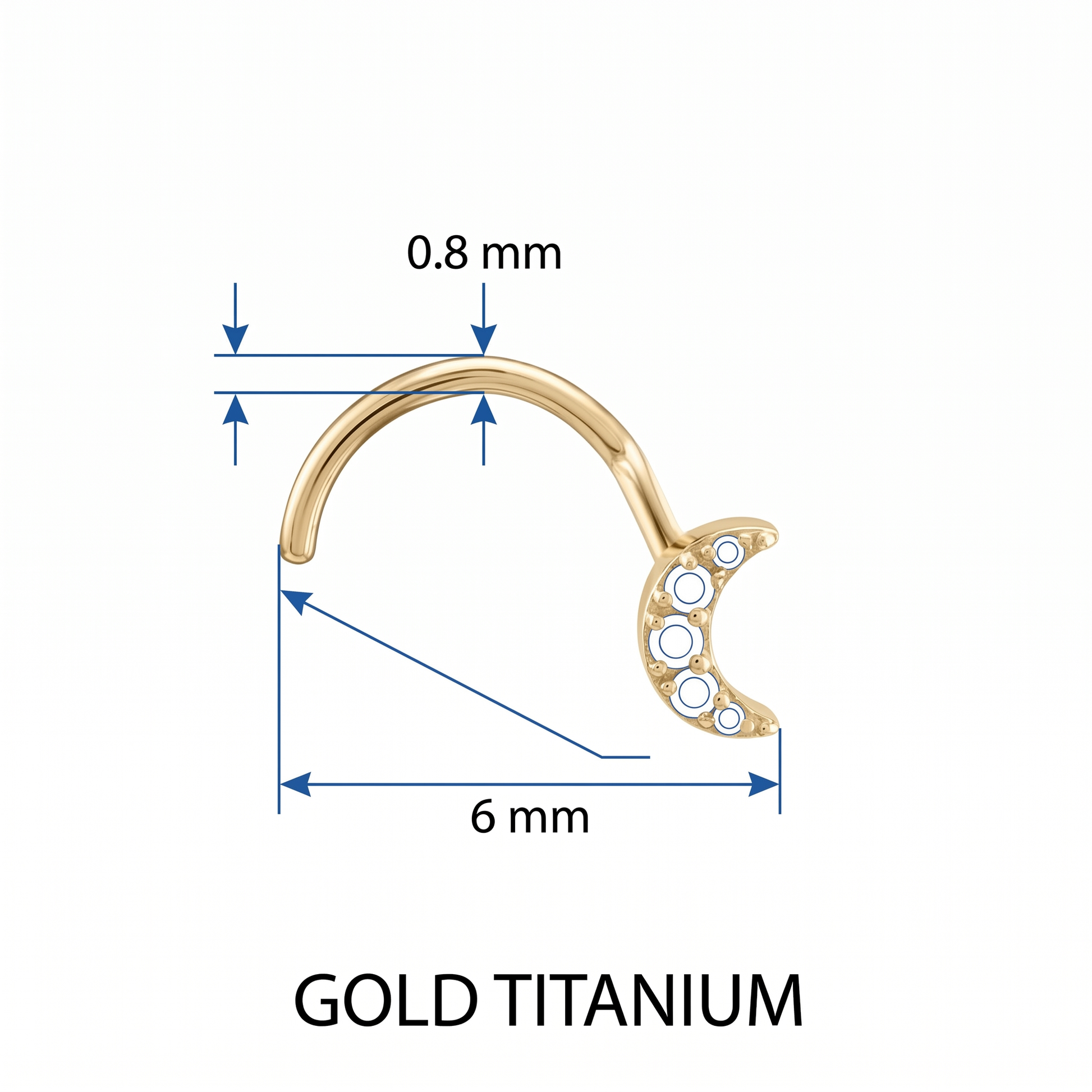 moon nose stud size chart — 0.8 mm 20G, 6 mm length, G23 titanium