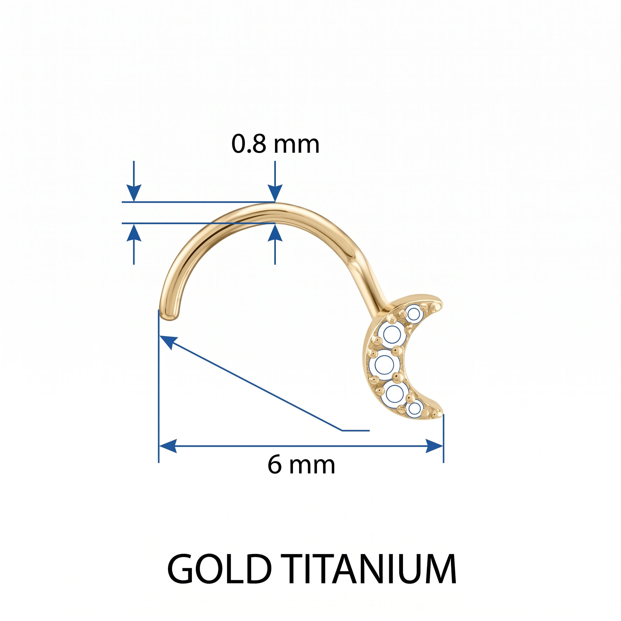 moon nose stud size chart — 0.8 mm 20G, 6 mm length, G23 titanium