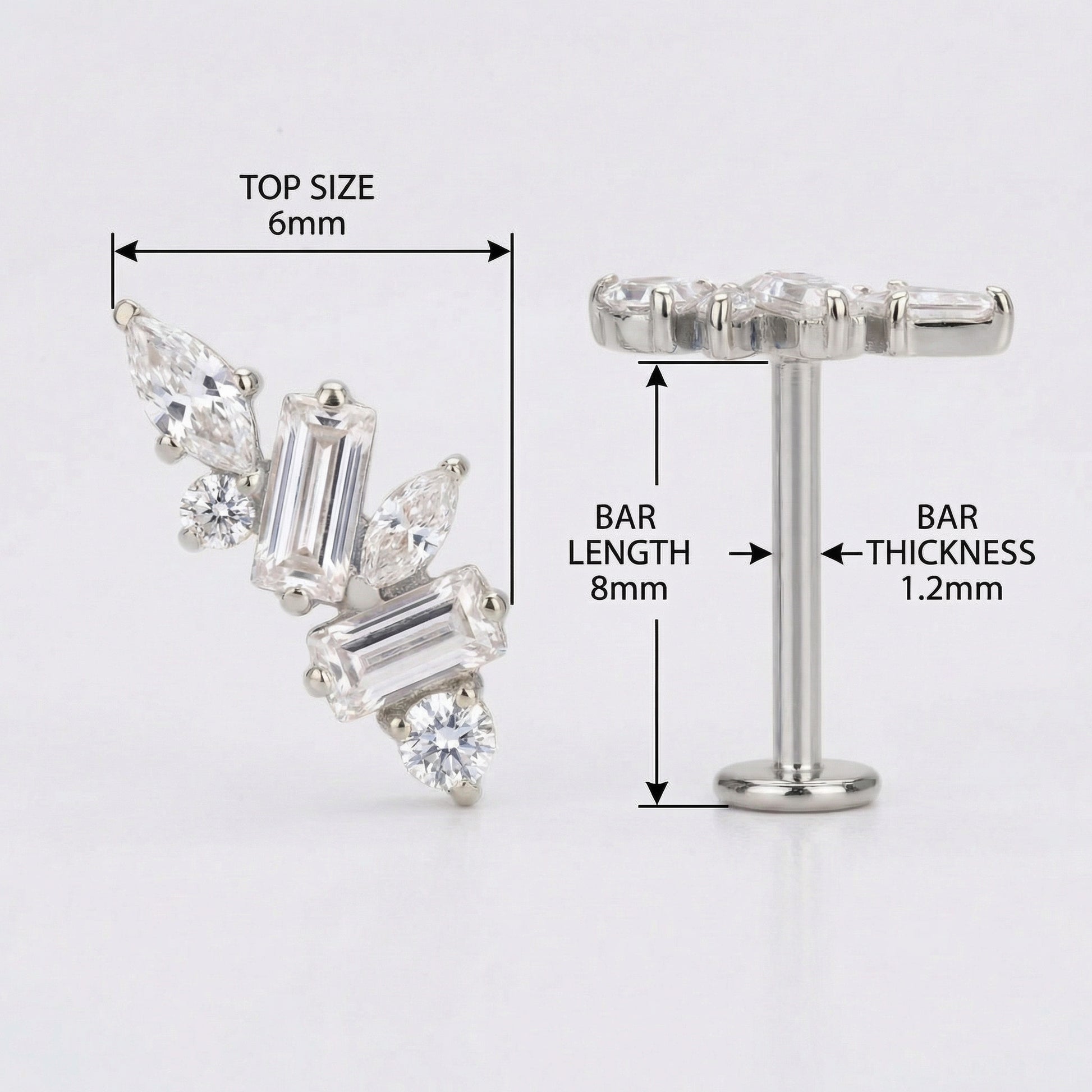 Measurement layout for a silver titanium zircon cluster showing an 8mm bar