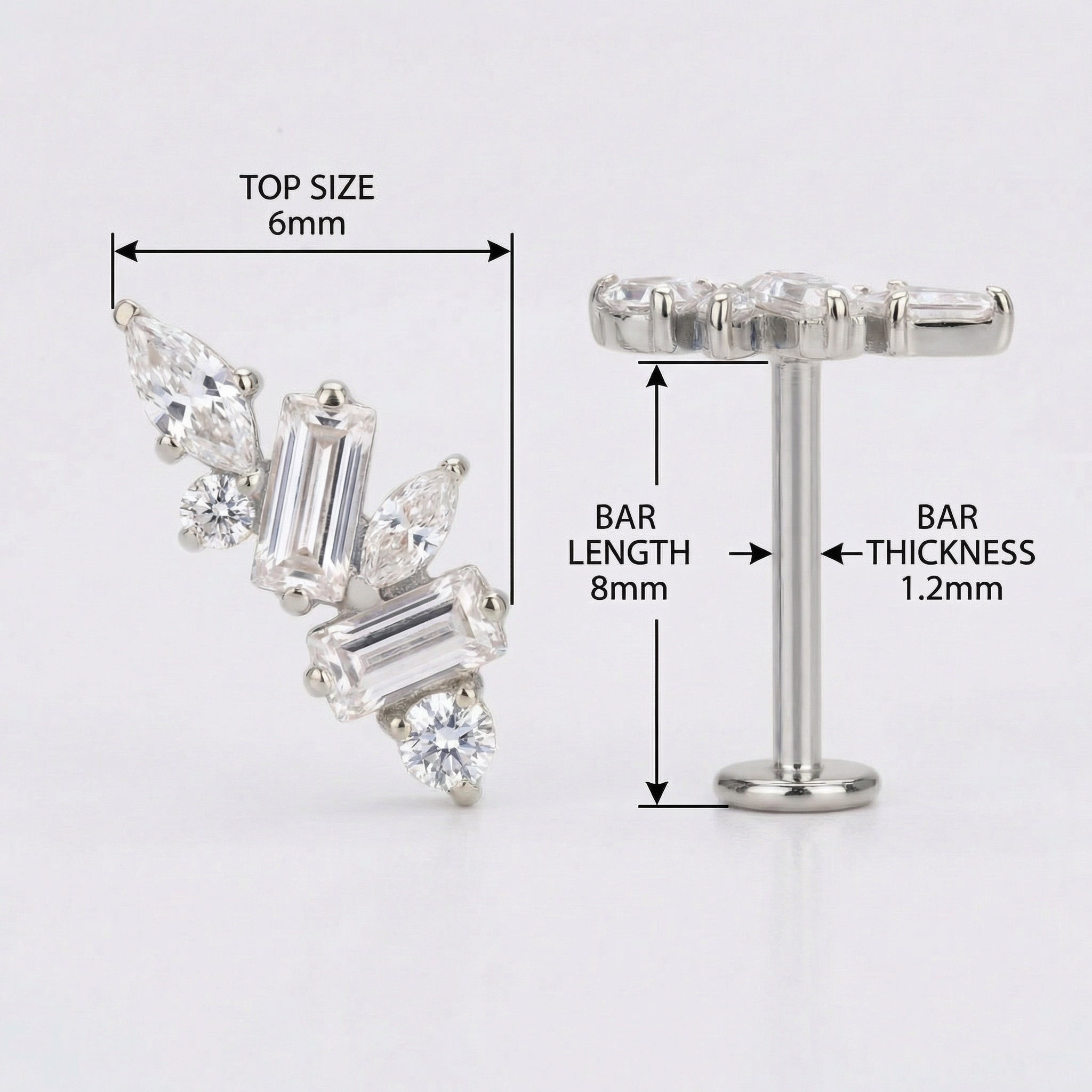 Measurement layout for a silver titanium zircon cluster showing an 8mm bar