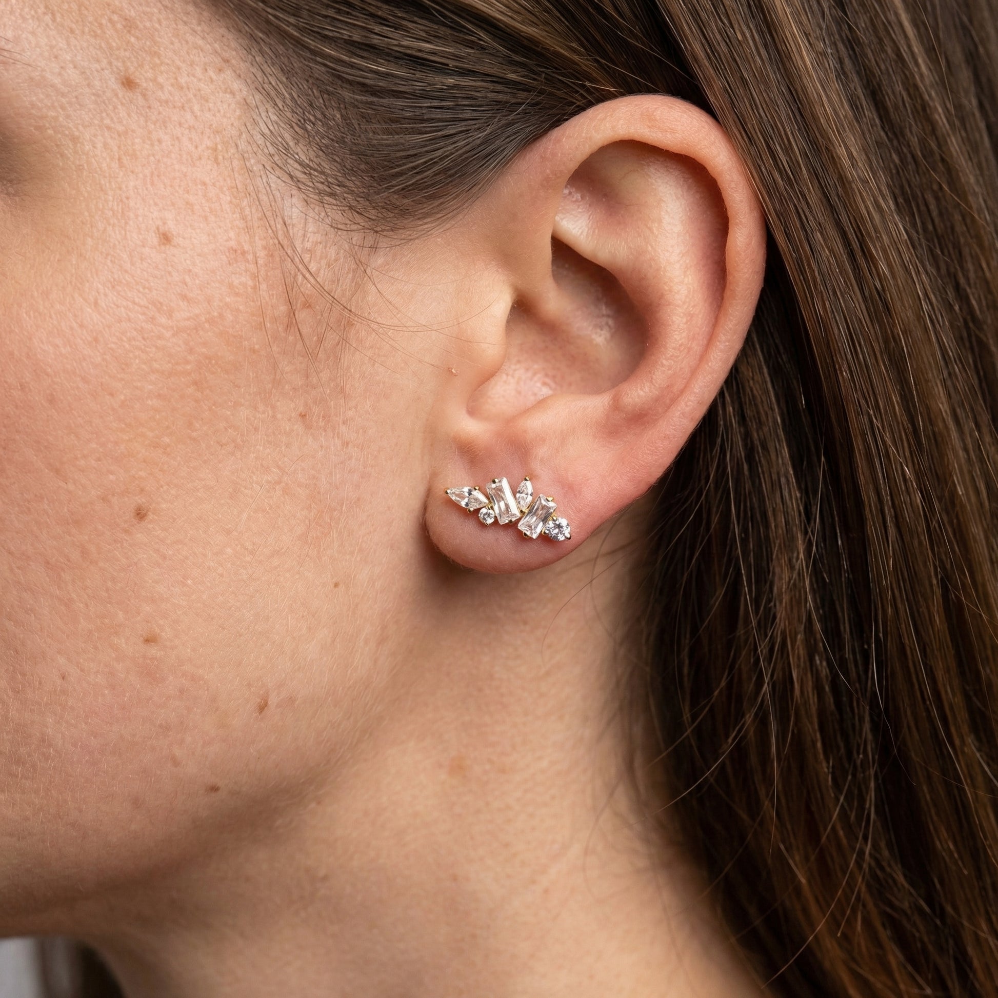 Profile of a model wearing a silver titanium zircon cluster in her