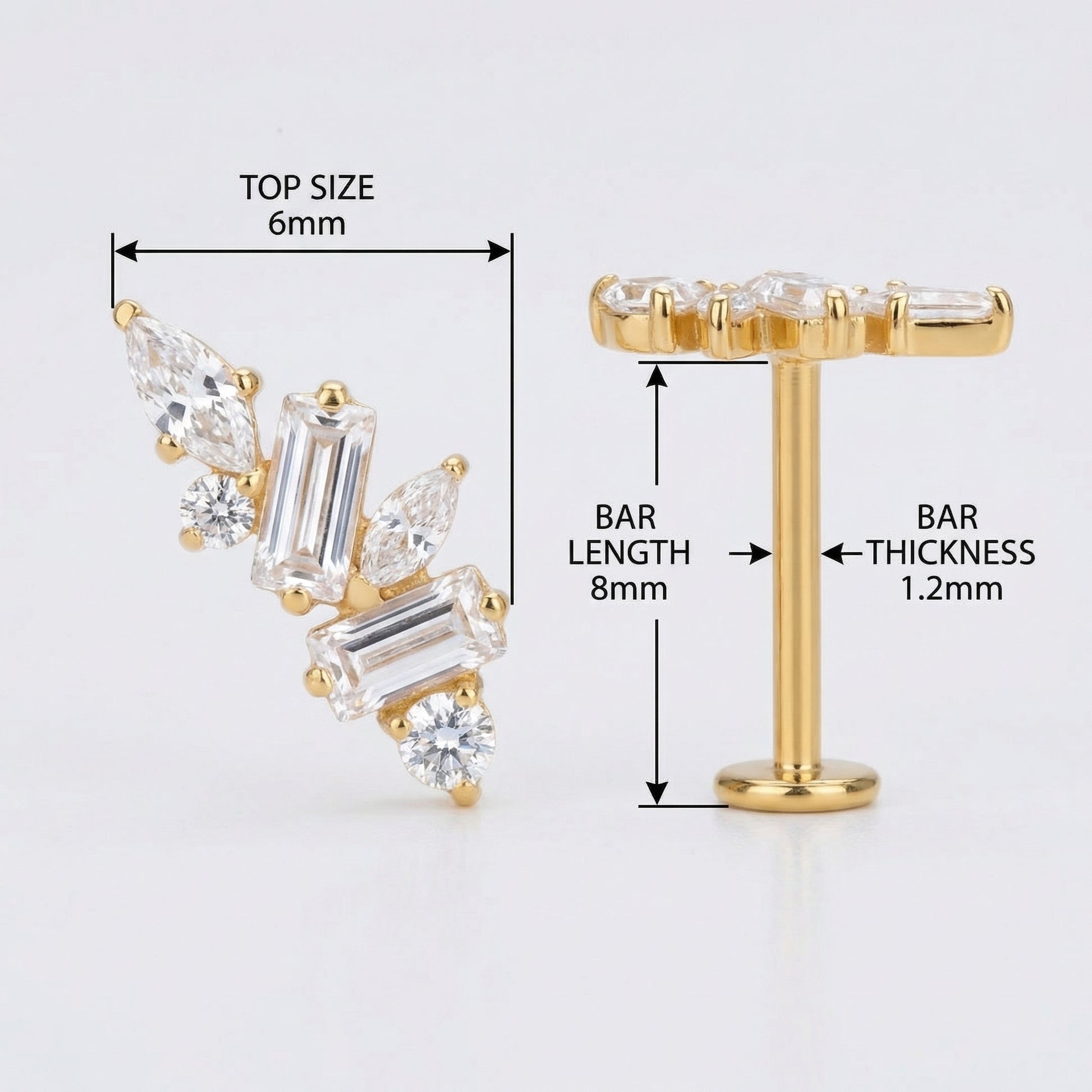 Diagram of a gold titanium zircon cluster detailing an 8mm bar length