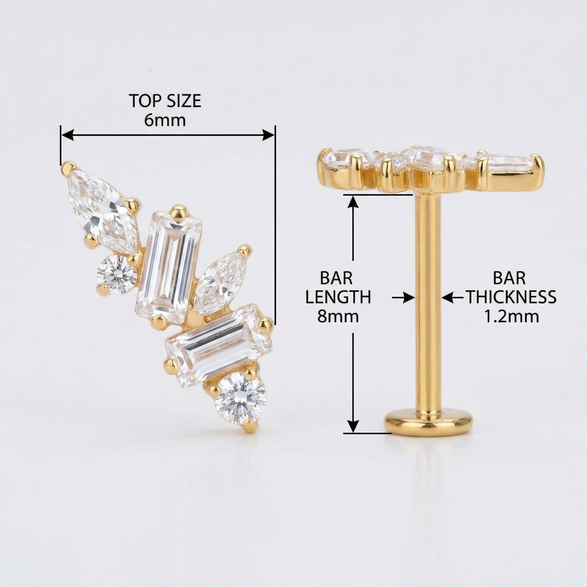 Diagram of a gold titanium zircon cluster detailing an 8mm bar length