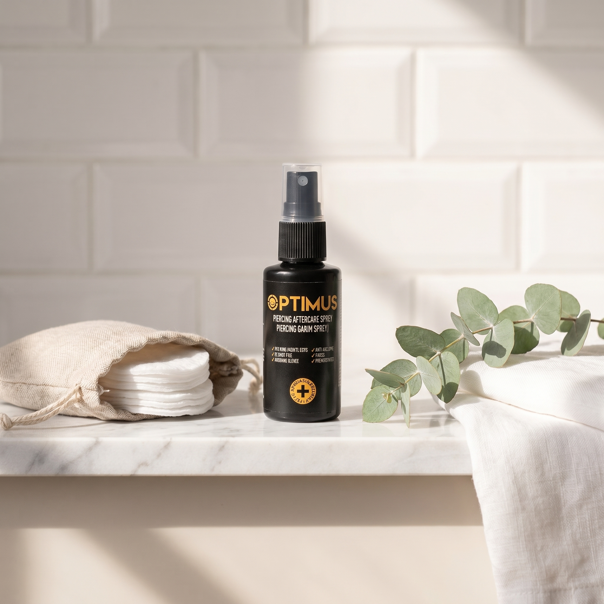 Optimus natural piercing aftercare spray bottle on marble bathroom shelf with cotton pads and eucalyptus leaves