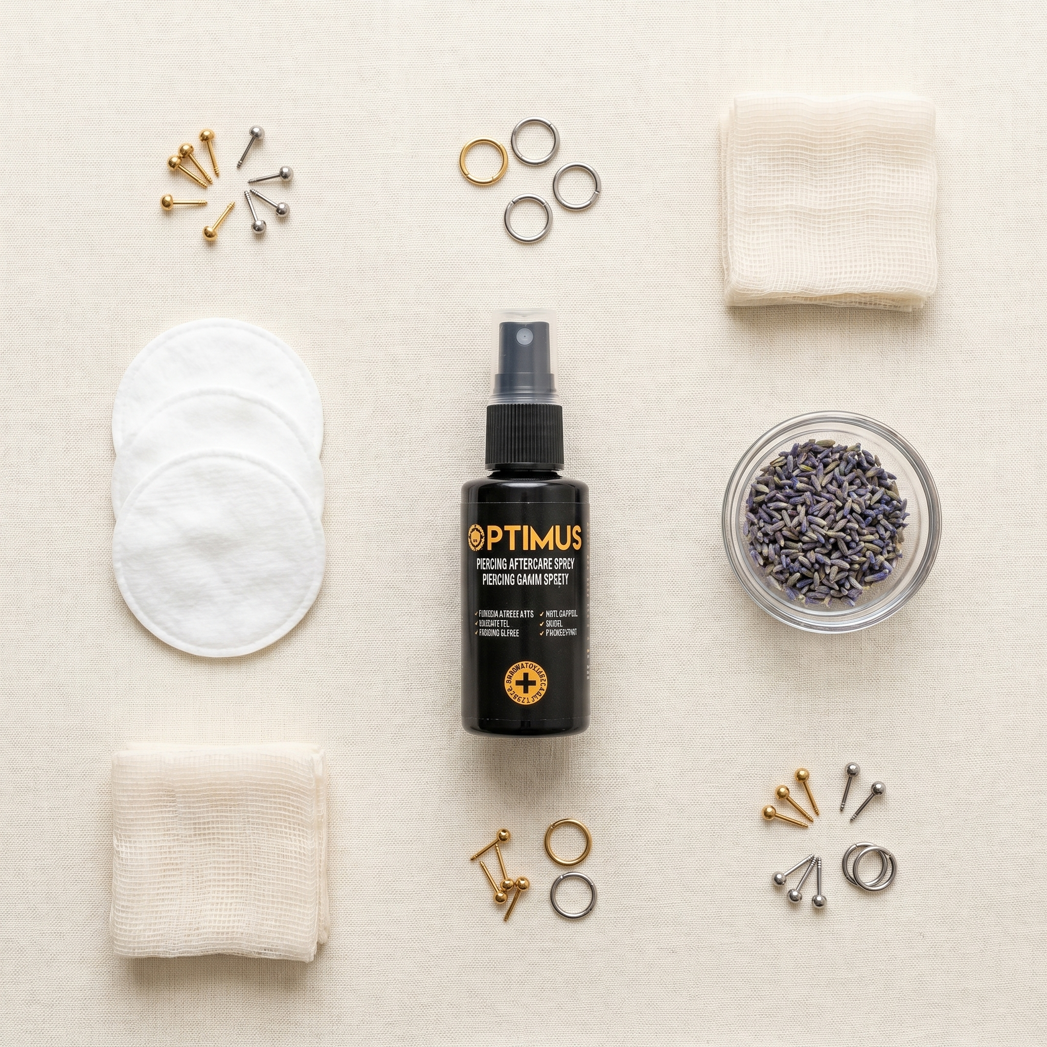 Vegan piercing aftercare solution flat lay with titanium piercing jewelry, cotton pads, gauze and dried lavender