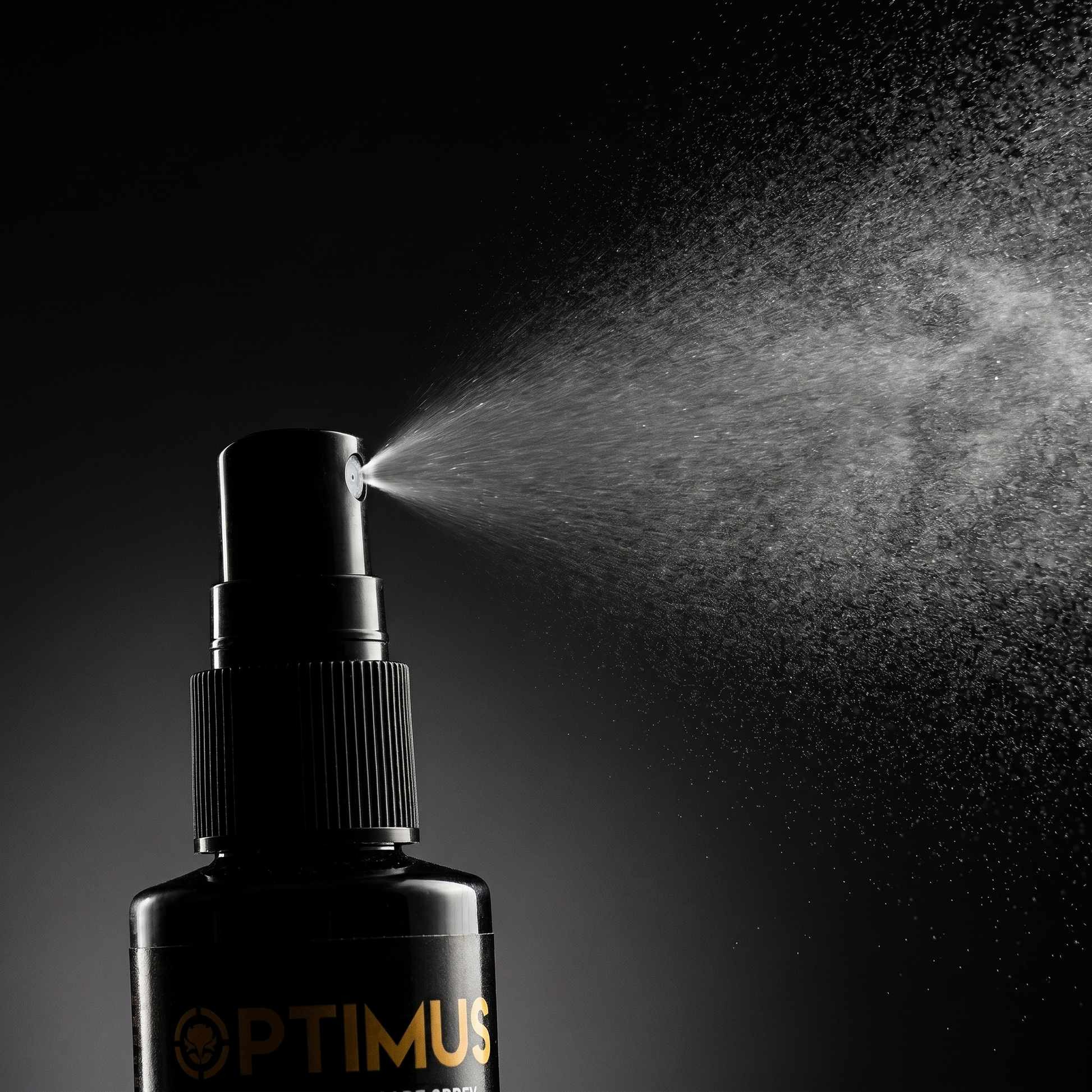 Close-up of Optimus piercing aftercare spray nozzle releasing a fine saline healing mist on dark background