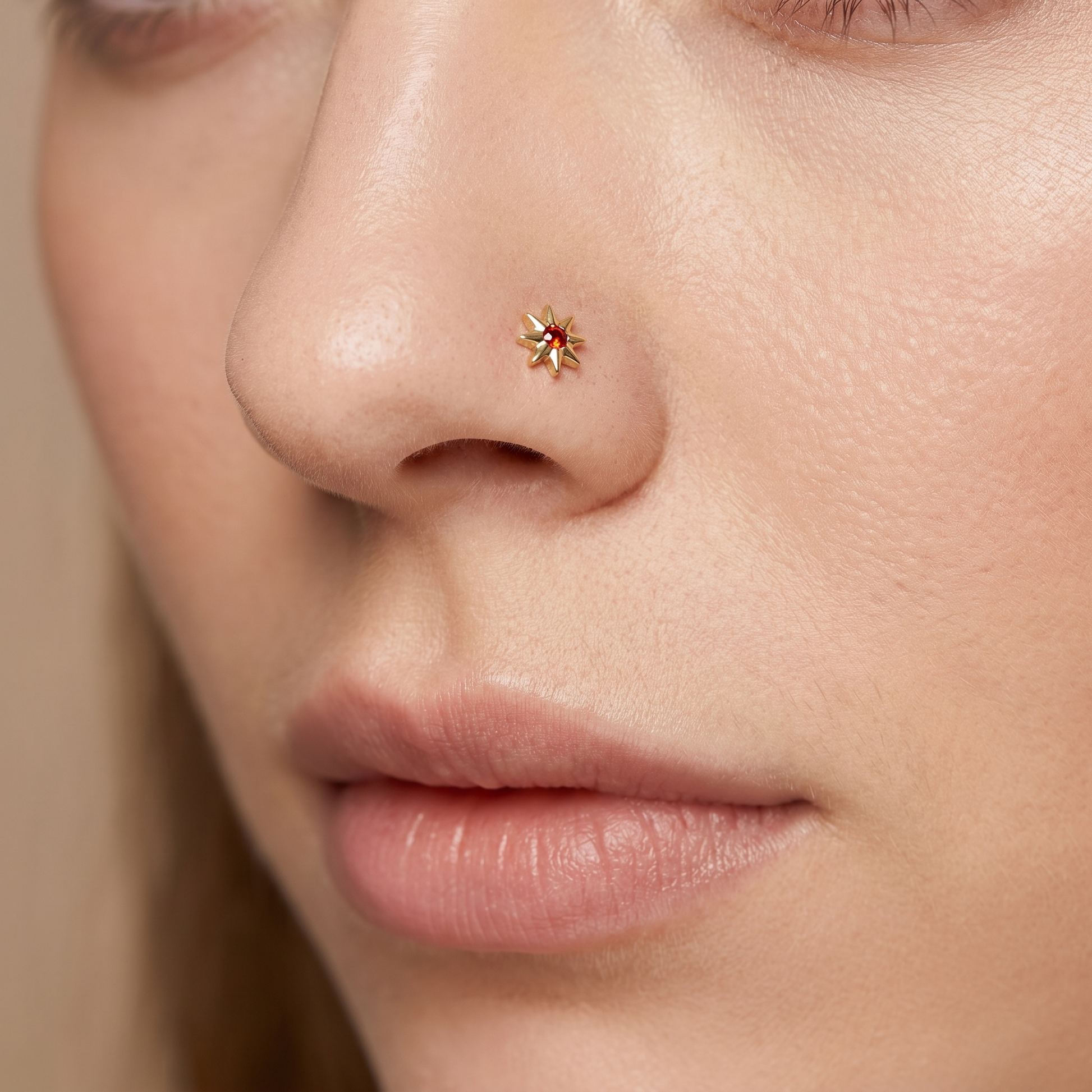 north star nose stud close-up on a model — single nostril nose jewelry