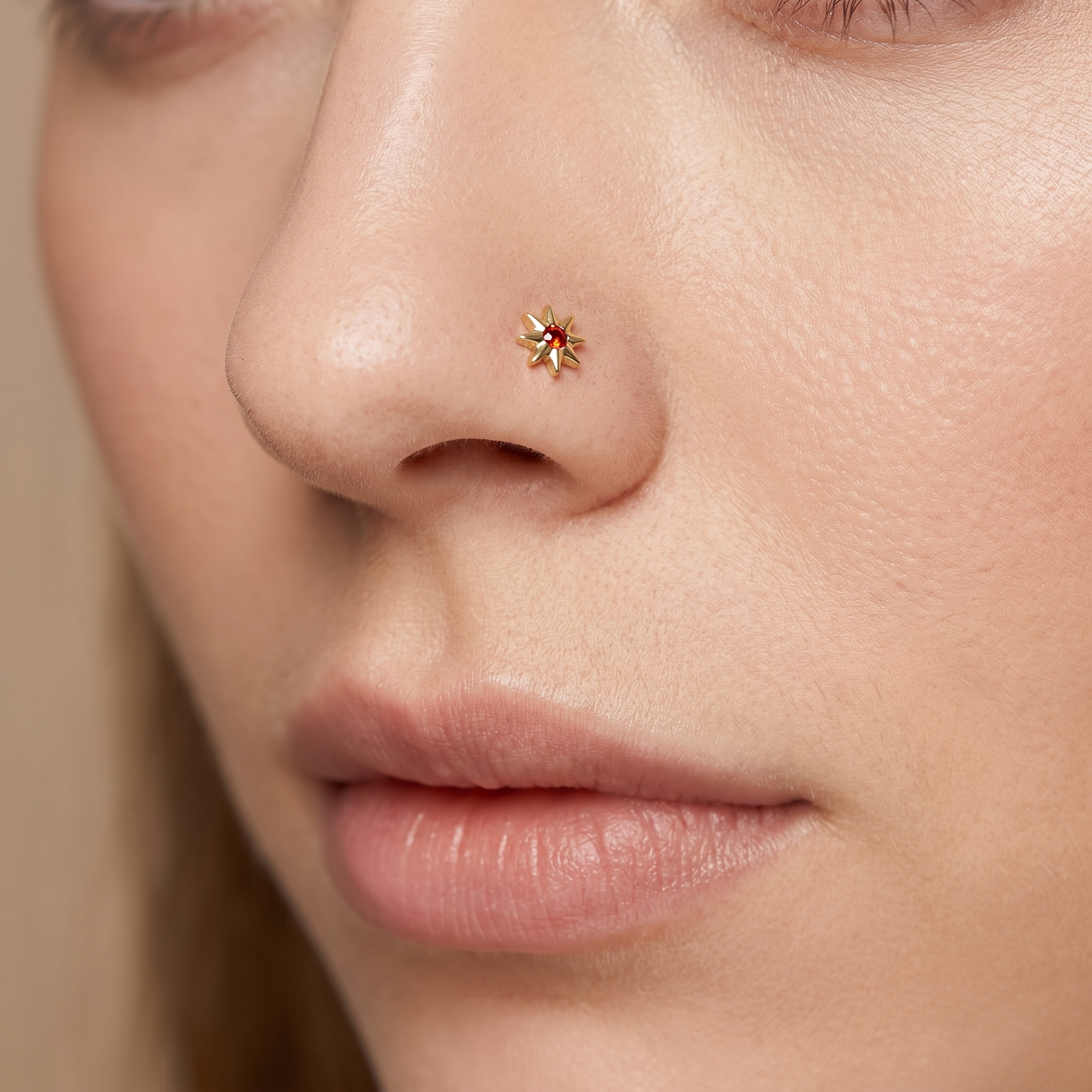 north star nose stud close-up on a model — single nostril nose jewelry