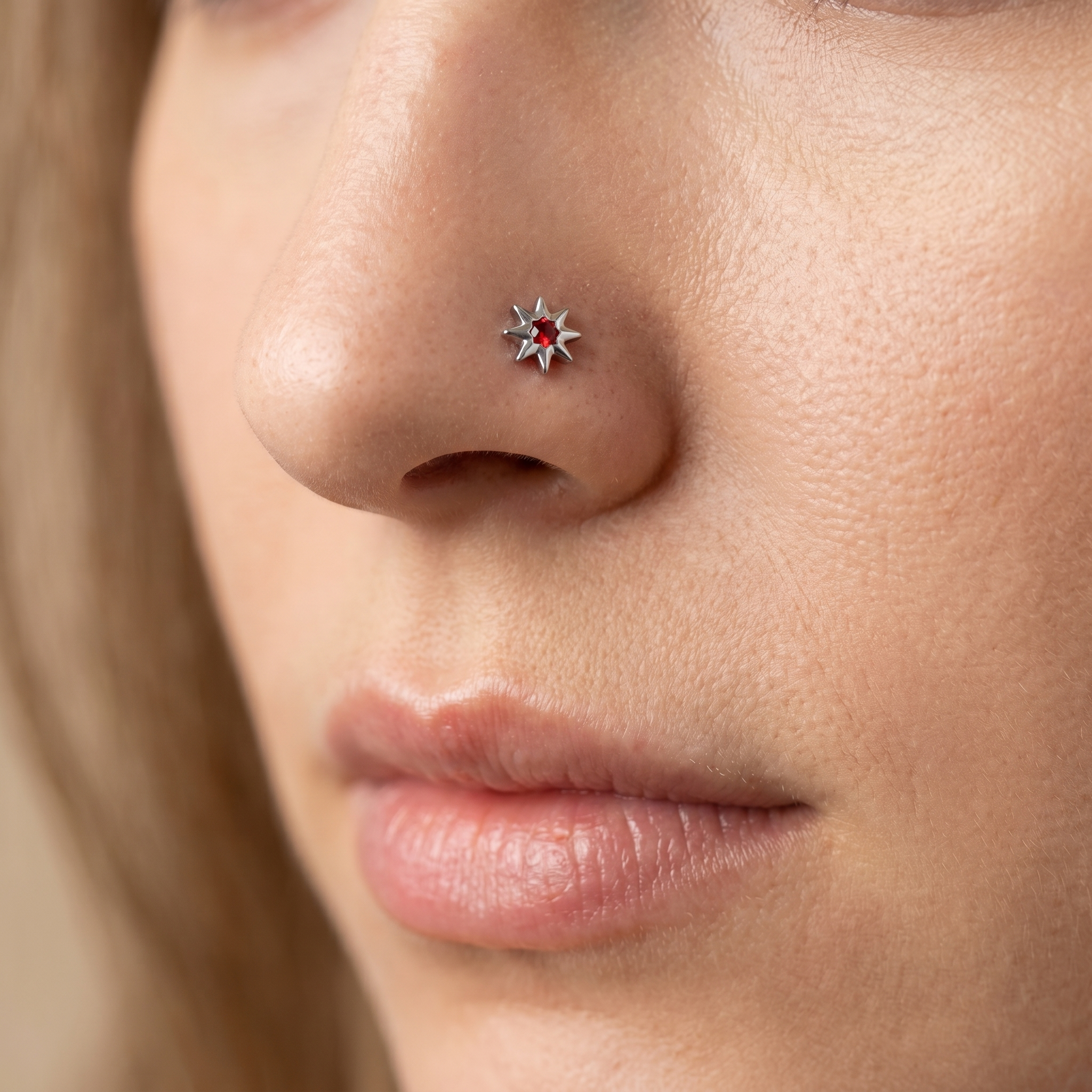 north star nose stud close-up, nickel-free 20G nose jewelry