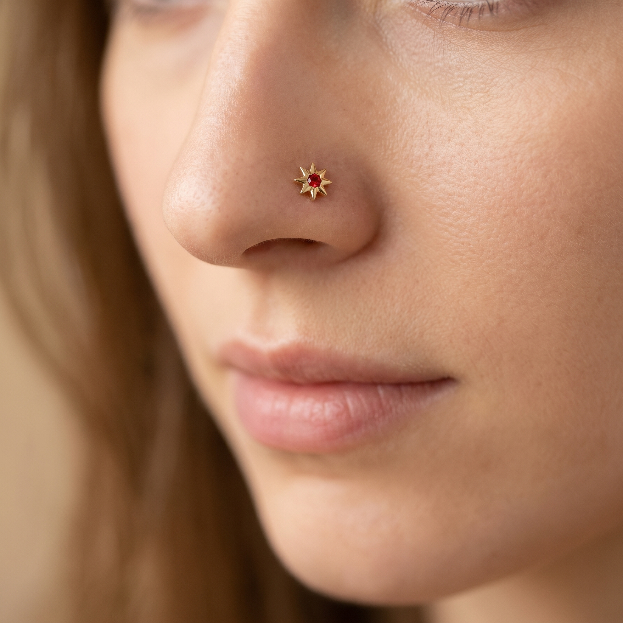 north star nose stud worn on a model — hypoallergenic titanium 