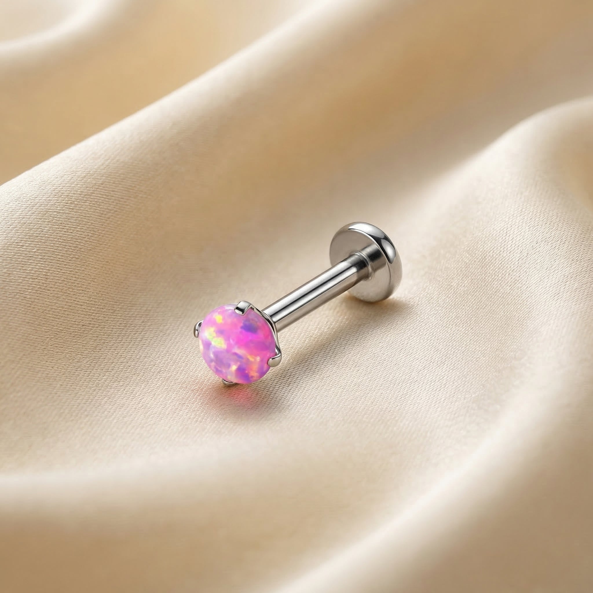 Titanium Piercing Jewelry - Silver titanium pink opal cartilage stud on