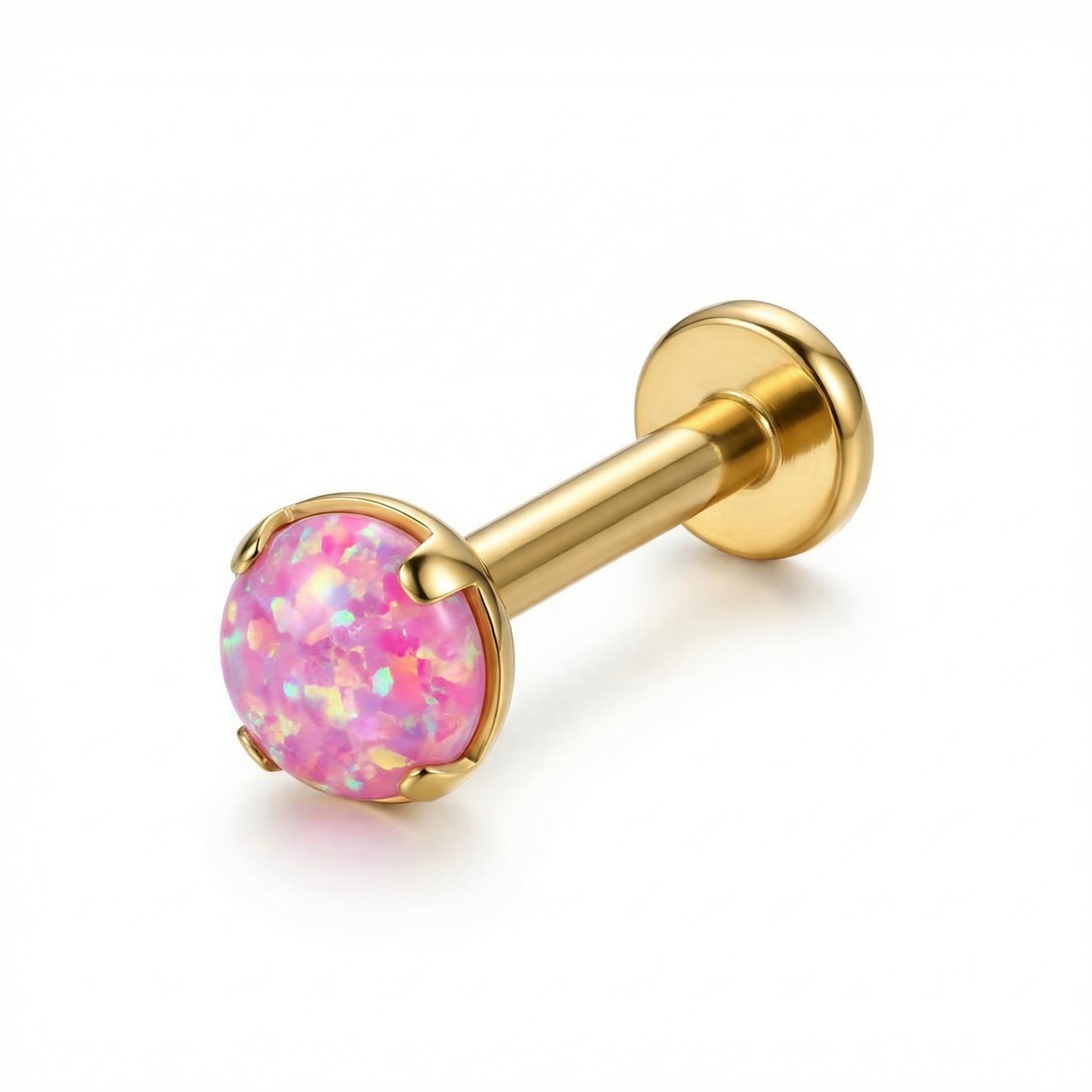 Gold opal piercing stud with a 4mm pink stone.