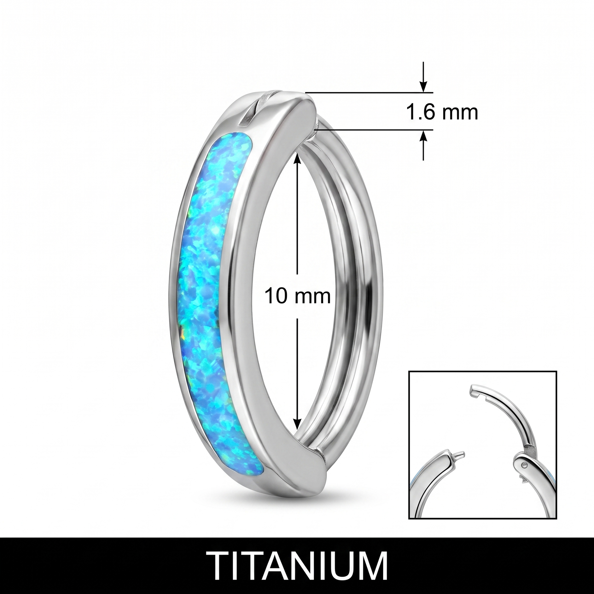 Opal belly button ring size chart — blue opal, 14G 1.6 mm titanium