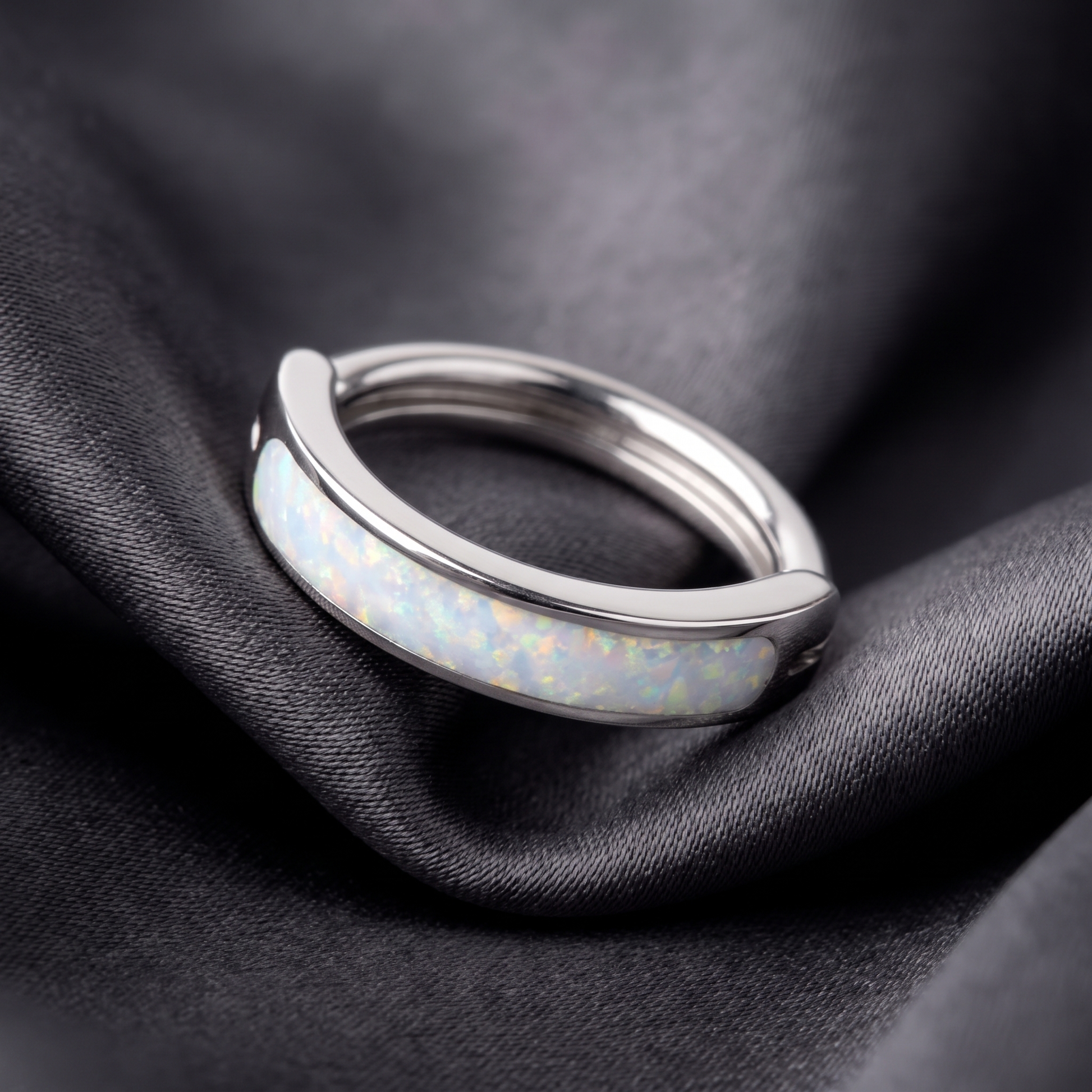 Opal belly button ring in white opal on champagne satin — G23 titanium 14G