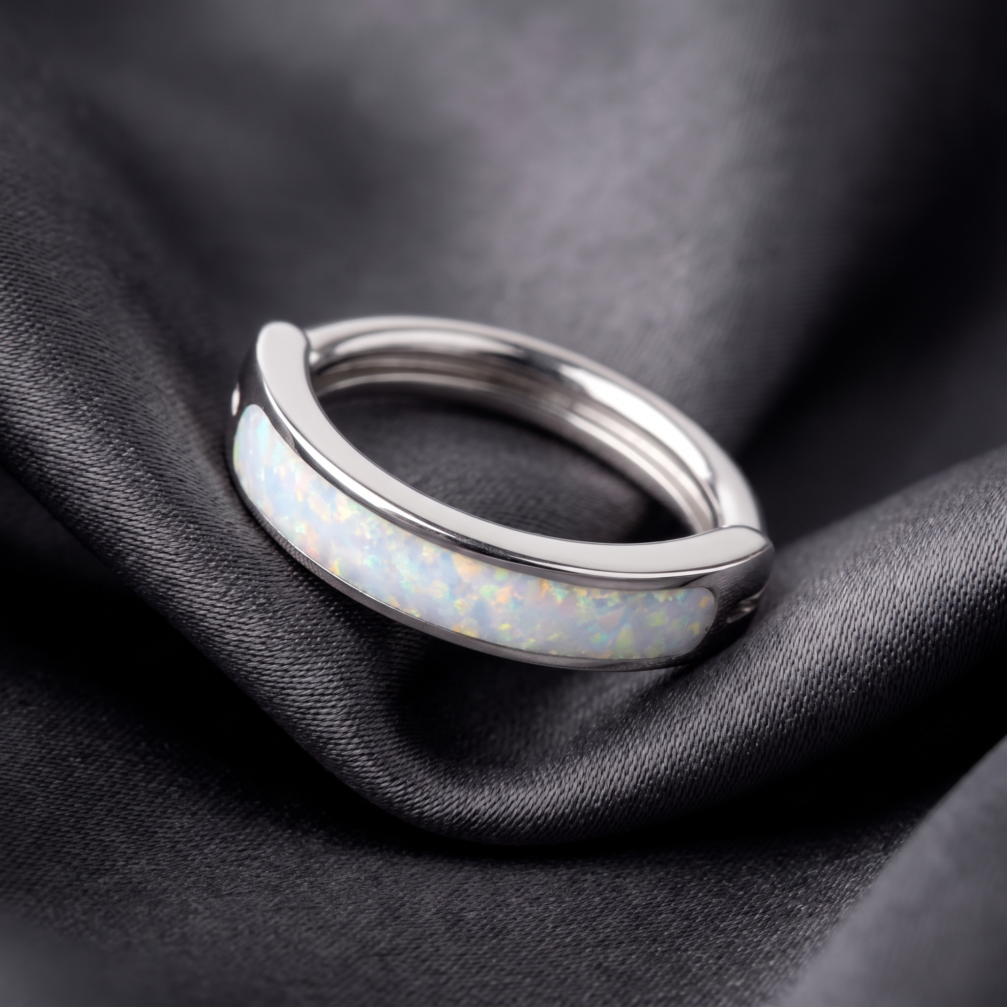 Opal belly button ring in white opal on champagne satin — G23 titanium 14G
