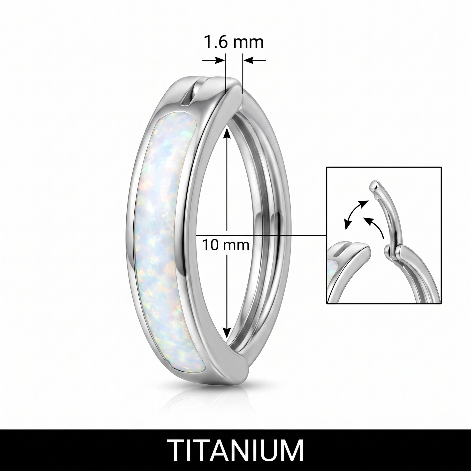 Opal belly button ring size chart — white opal, 14G 1.6 mm titanium