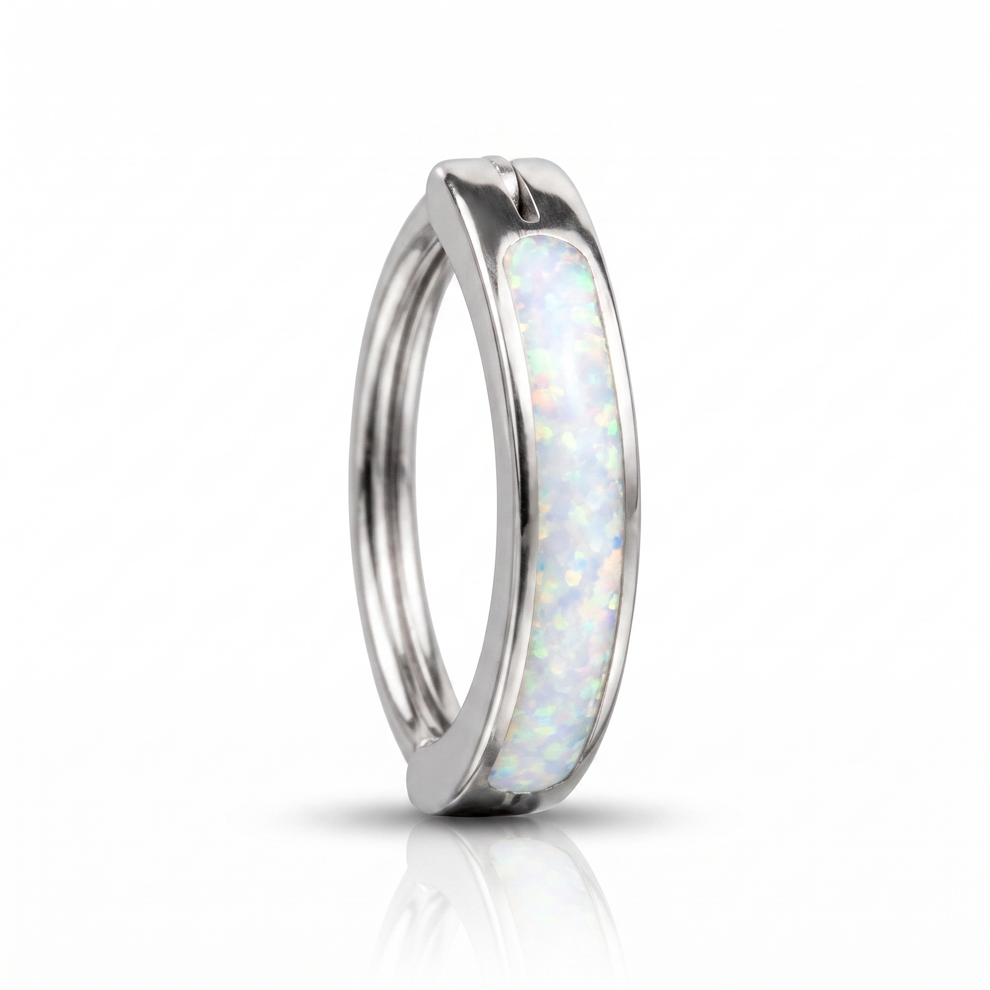 Opal belly button ring in white opal — white background packshot, G23 titanium 14G
