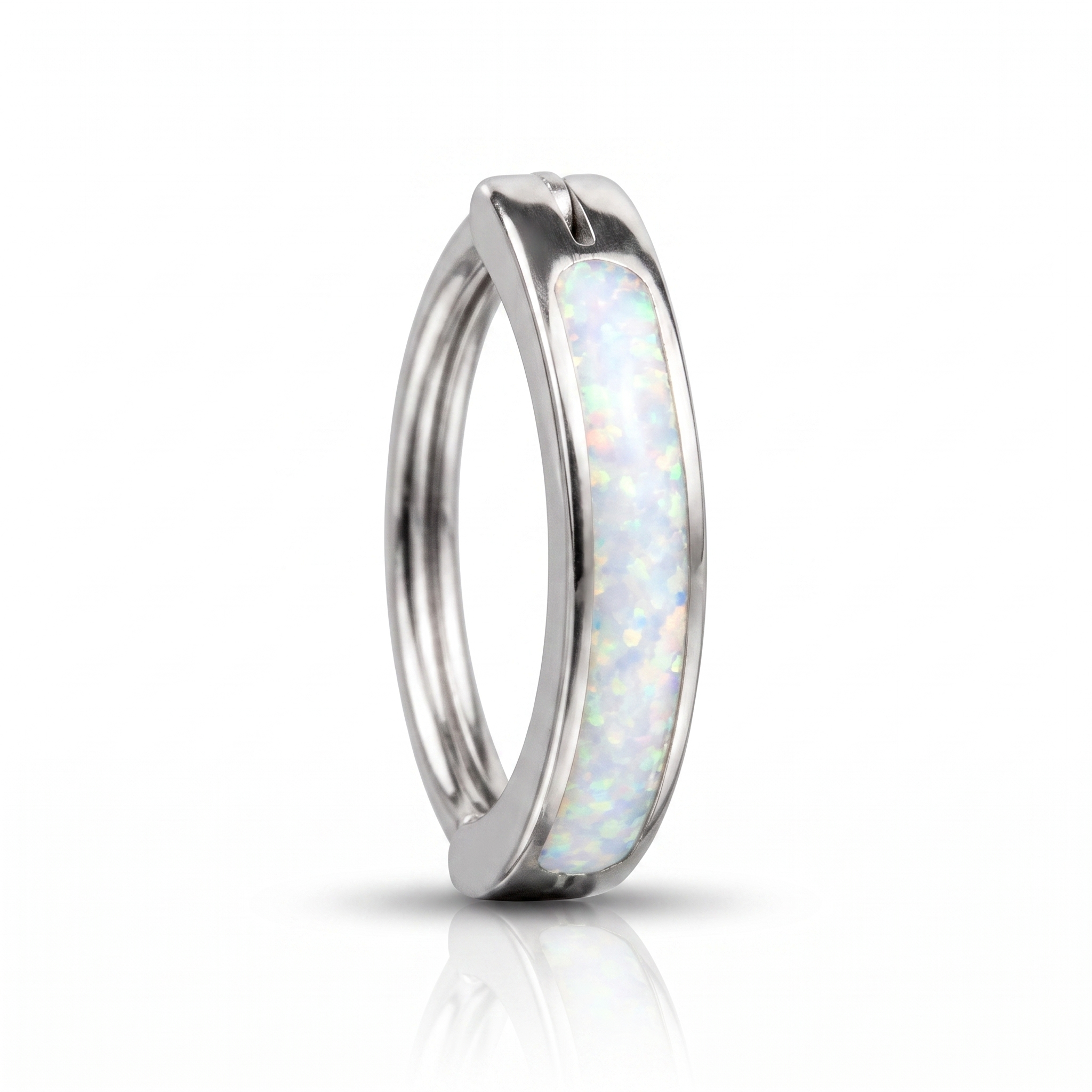 Opal belly button ring in white opal — white background packshot, G23 titanium 14G