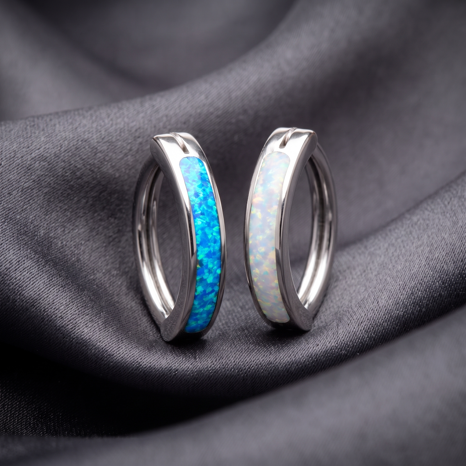 All color options of the Opal belly button ring on satin — G23 titanium 14G