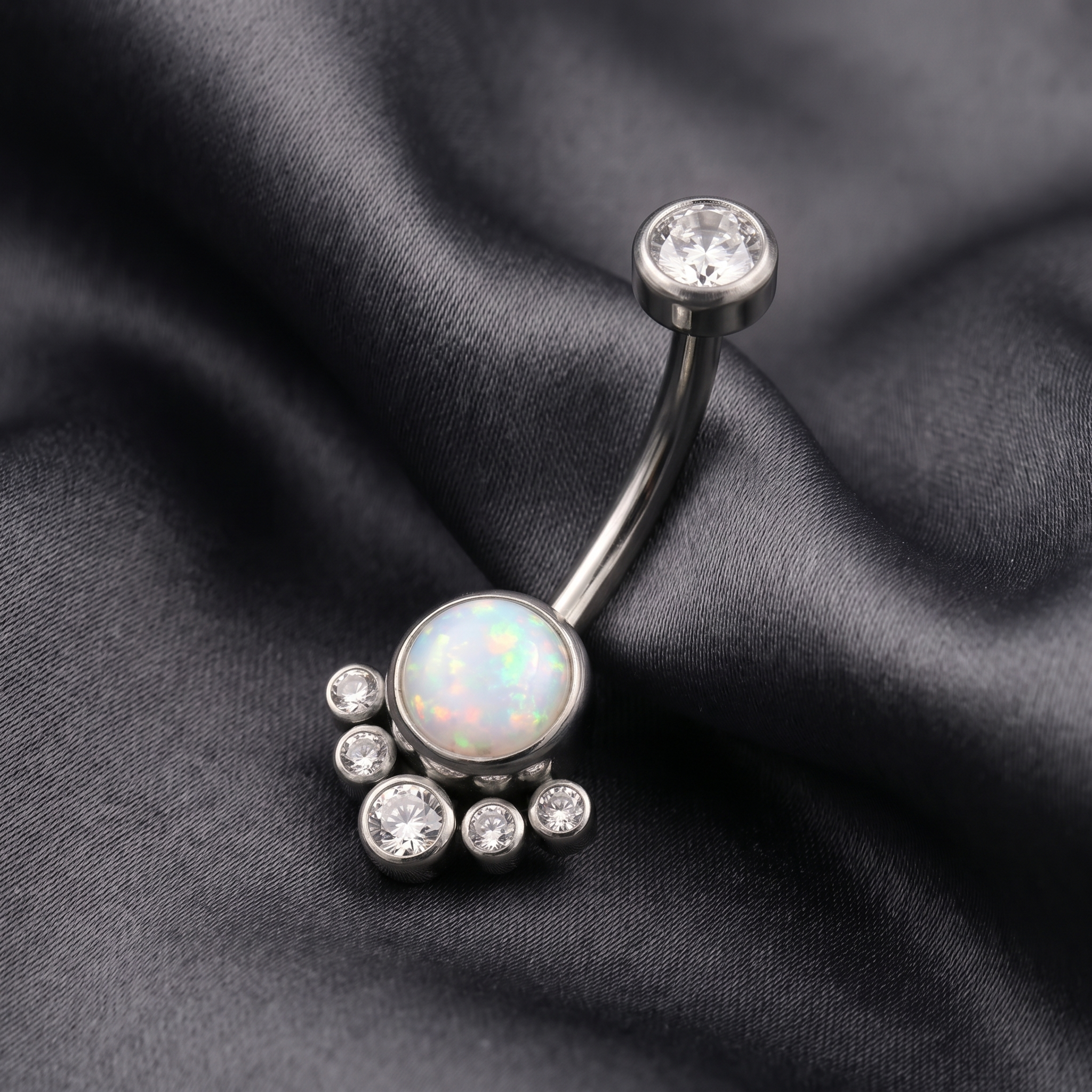 Opal Cluster belly button ring in white opal silver on champagne satin — G23 titanium 14G