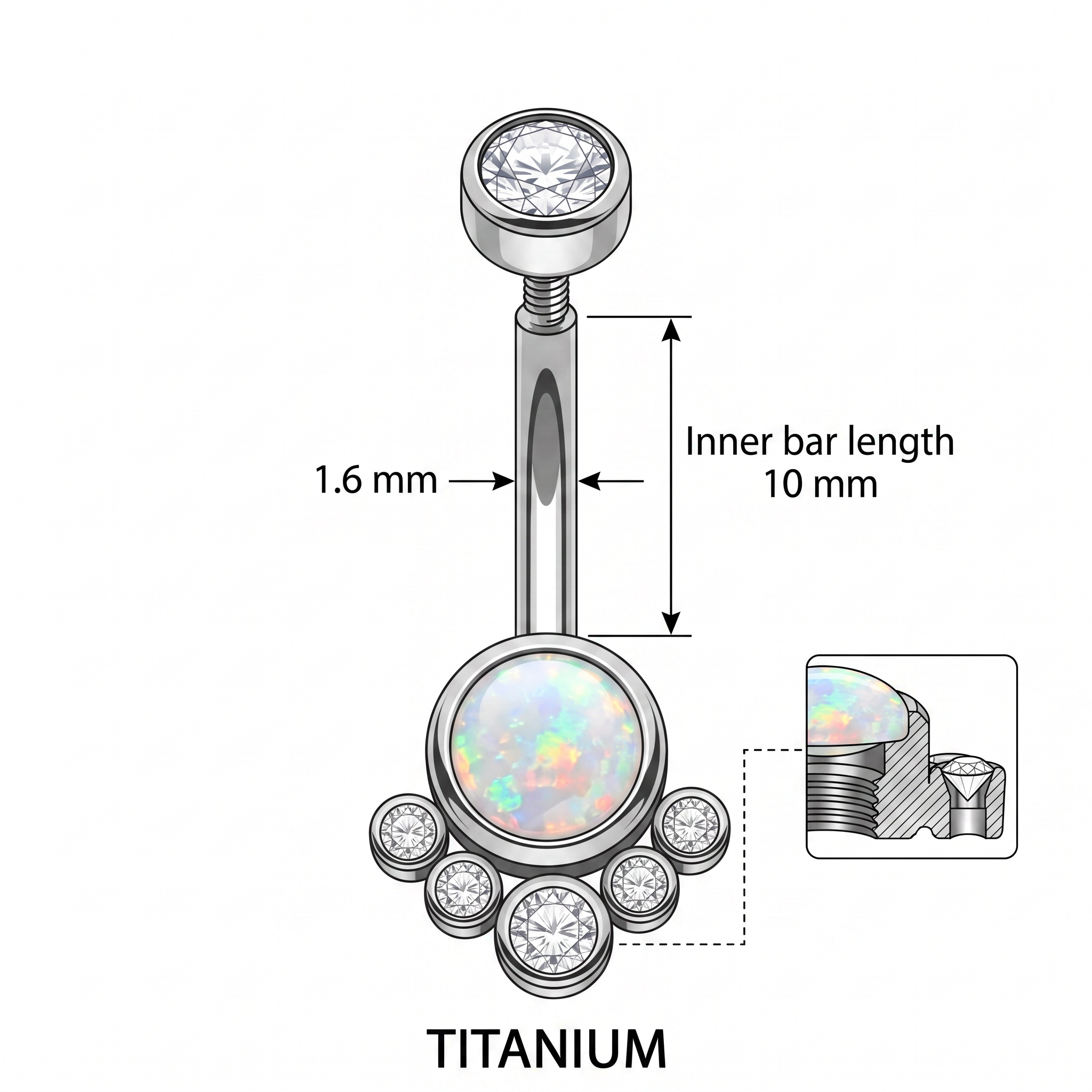 Opal Cluster belly button ring size chart — white opal silver, 14G 1.6 mm titanium