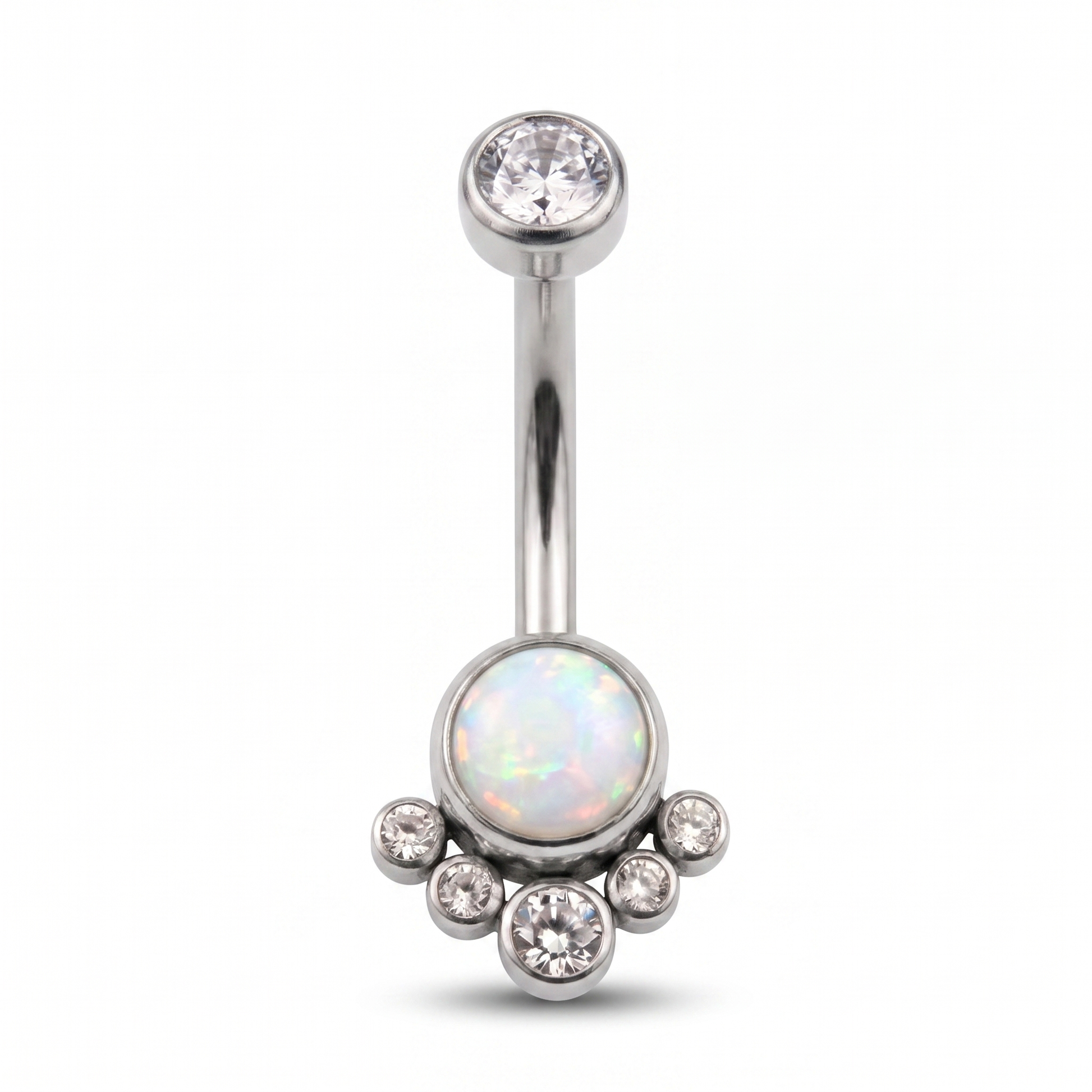 Opal Cluster belly button ring in white opal silver — white background packshot, G23 titanium 14G