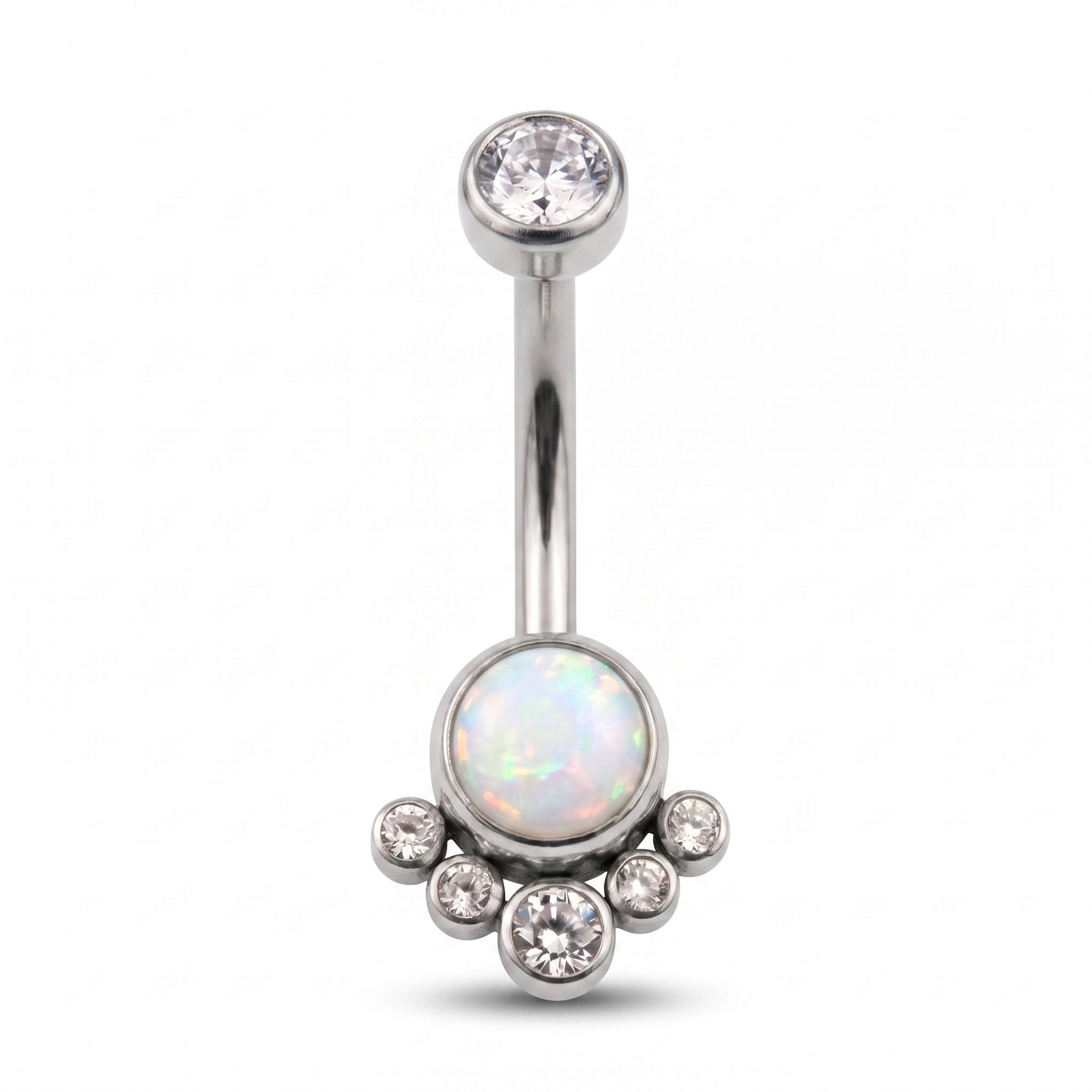 Opal Cluster belly button ring in white opal silver — white background packshot, G23 titanium 14G