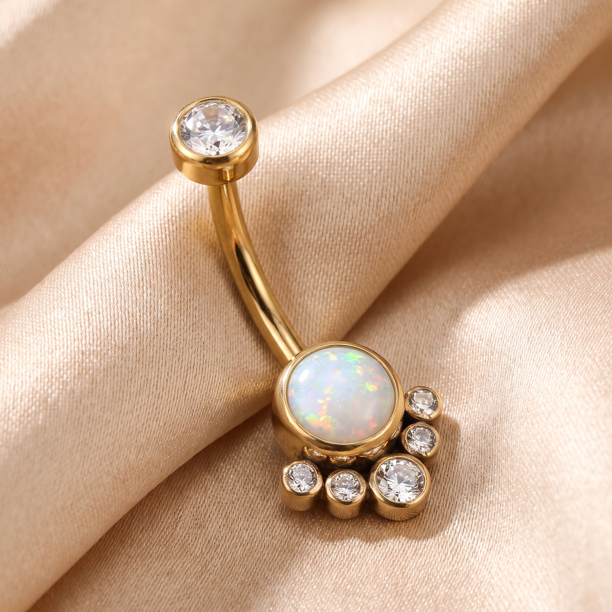 Opal Cluster belly button ring in white opal gold on champagne satin — G23 titanium 14G