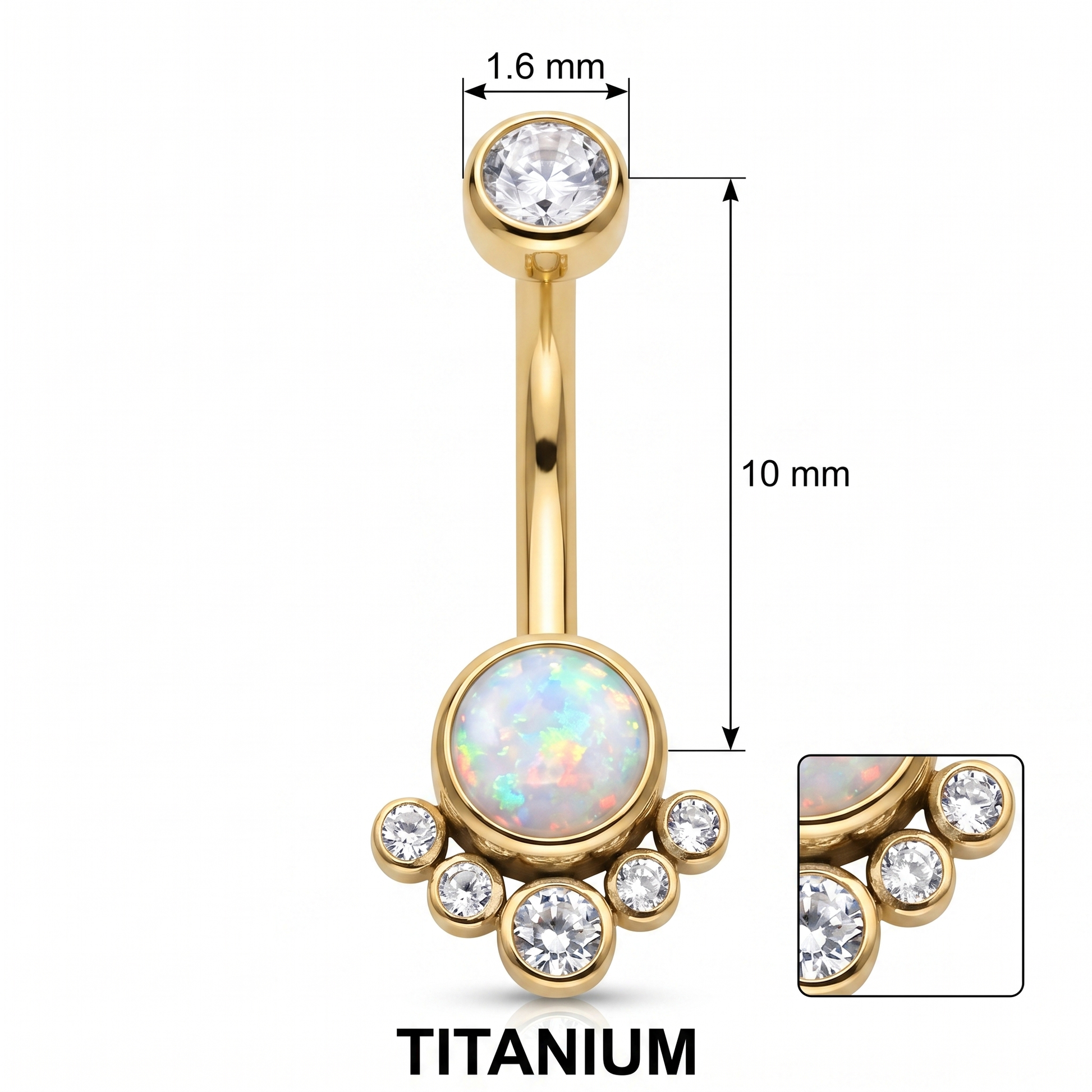 Opal Cluster belly button ring size chart — 14G 1.6 mm implant-grade titanium