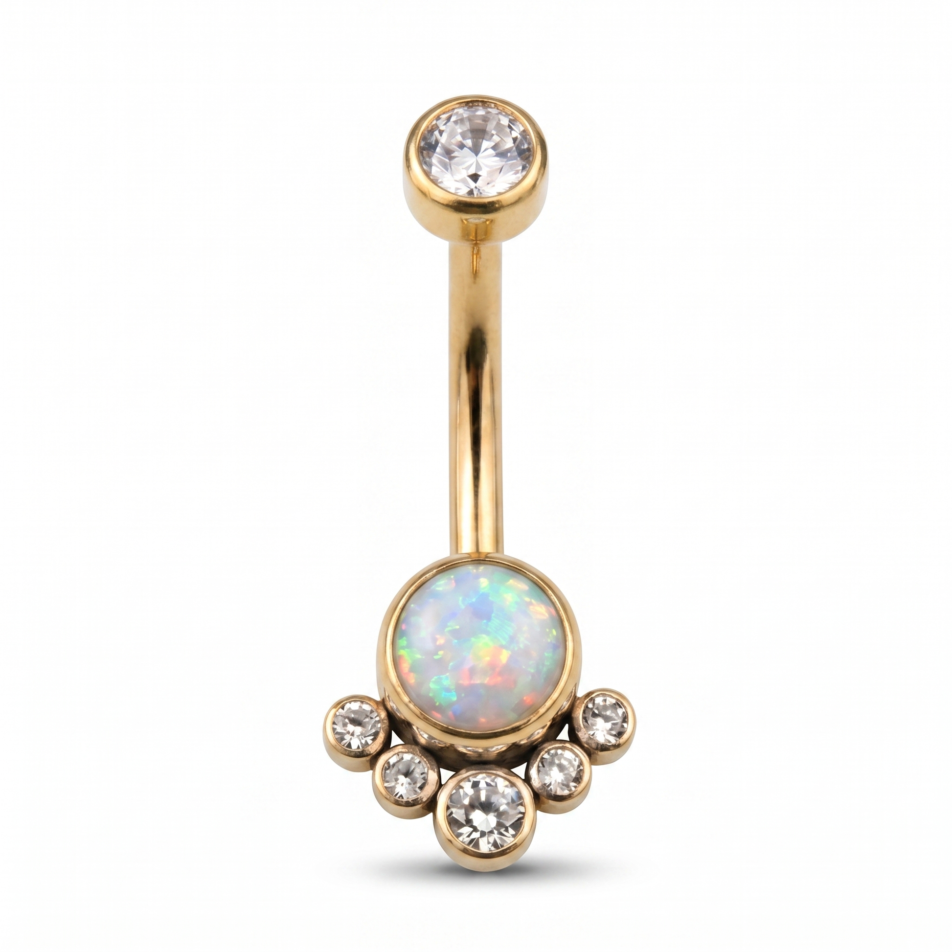Opal Cluster belly button ring in white opal gold — white background packshot, G23 titanium 14G