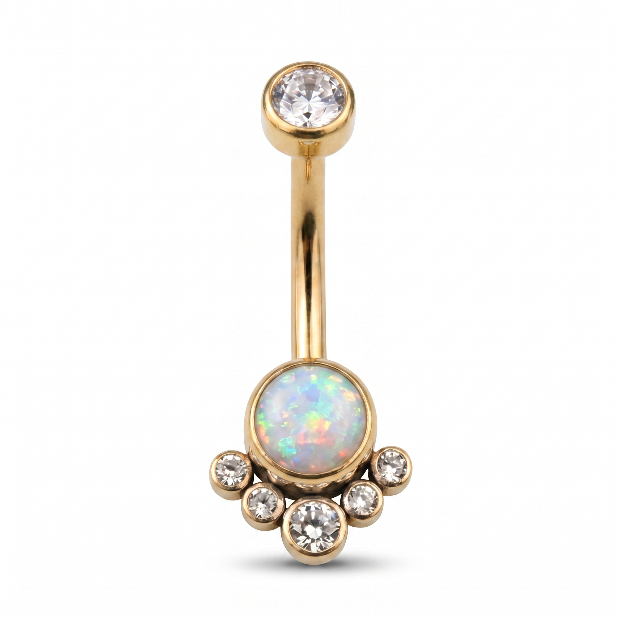 Opal Cluster belly button ring in white opal gold — white background packshot, G23 titanium 14G
