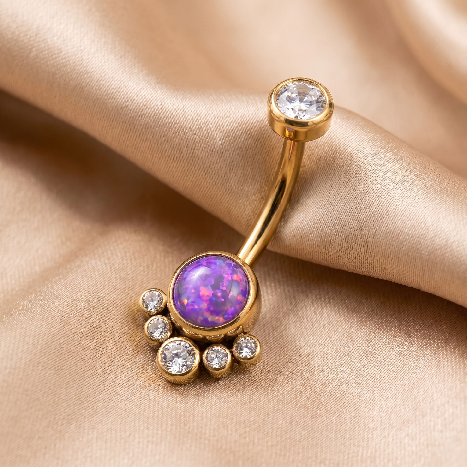 Opal Cluster belly button ring in purple opal gold on champagne satin — G23 titanium 14G