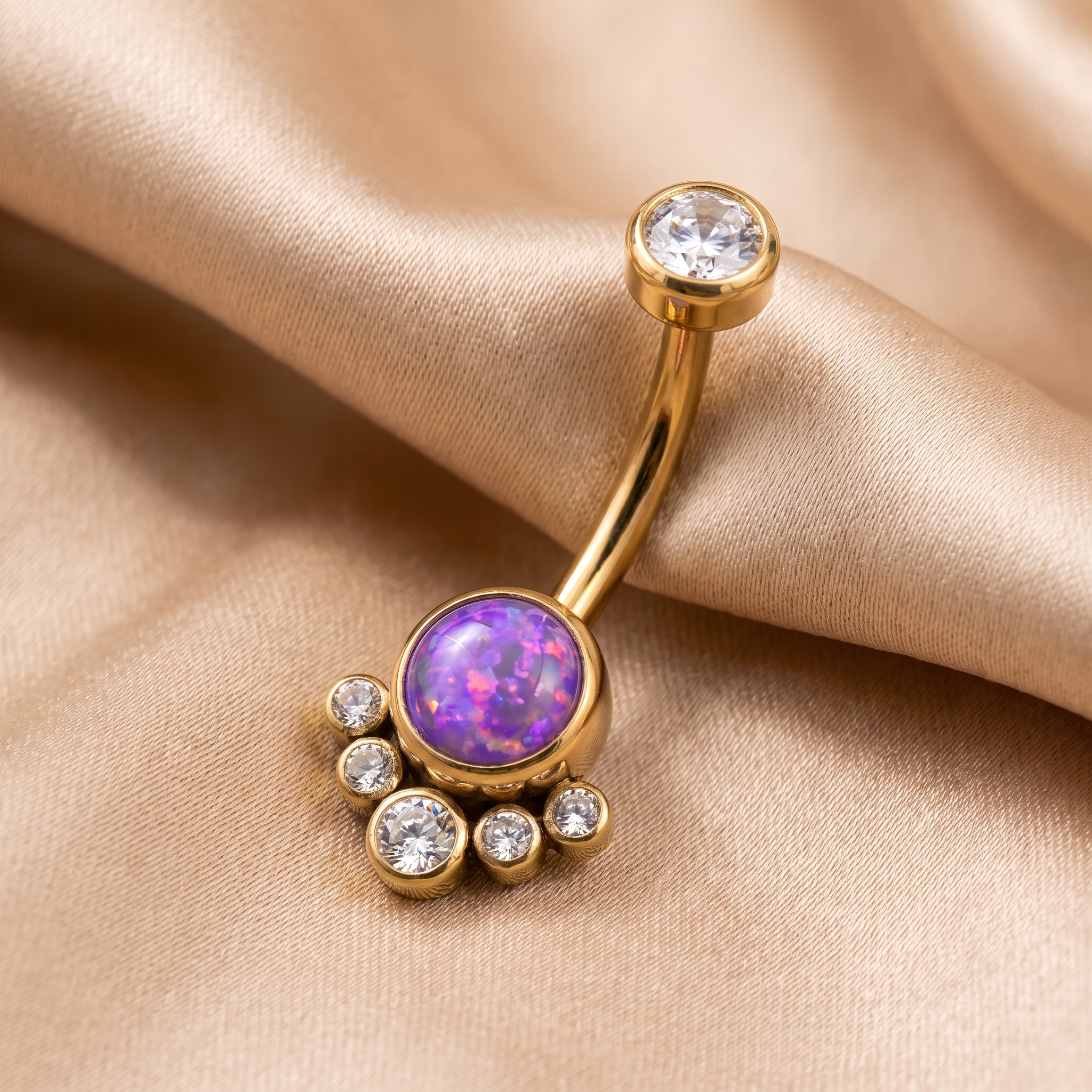 Opal Cluster belly button ring in purple opal gold on champagne satin — G23 titanium 14G
