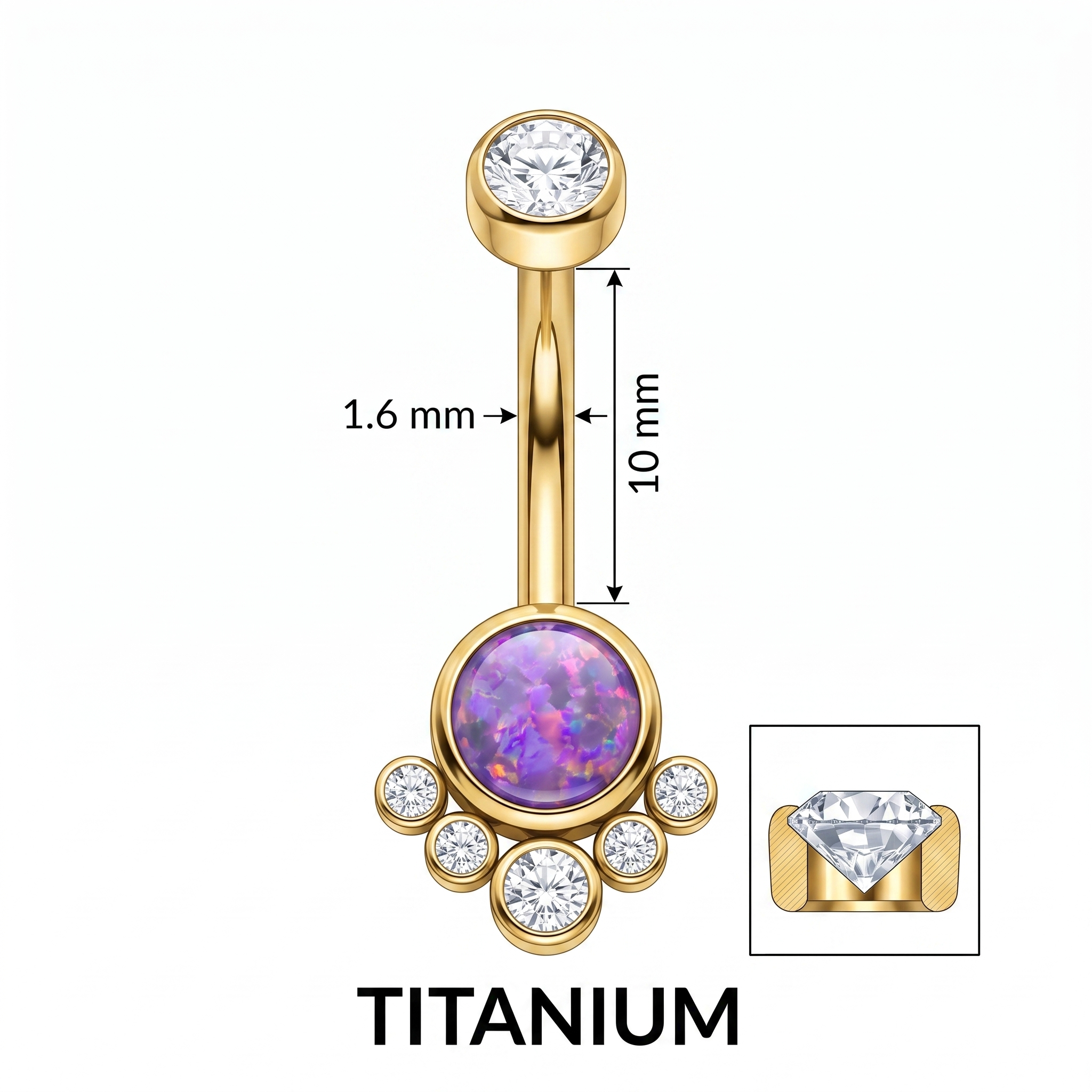 Opal Cluster belly button ring size chart — purple opal gold, 14G 1.6 mm titanium